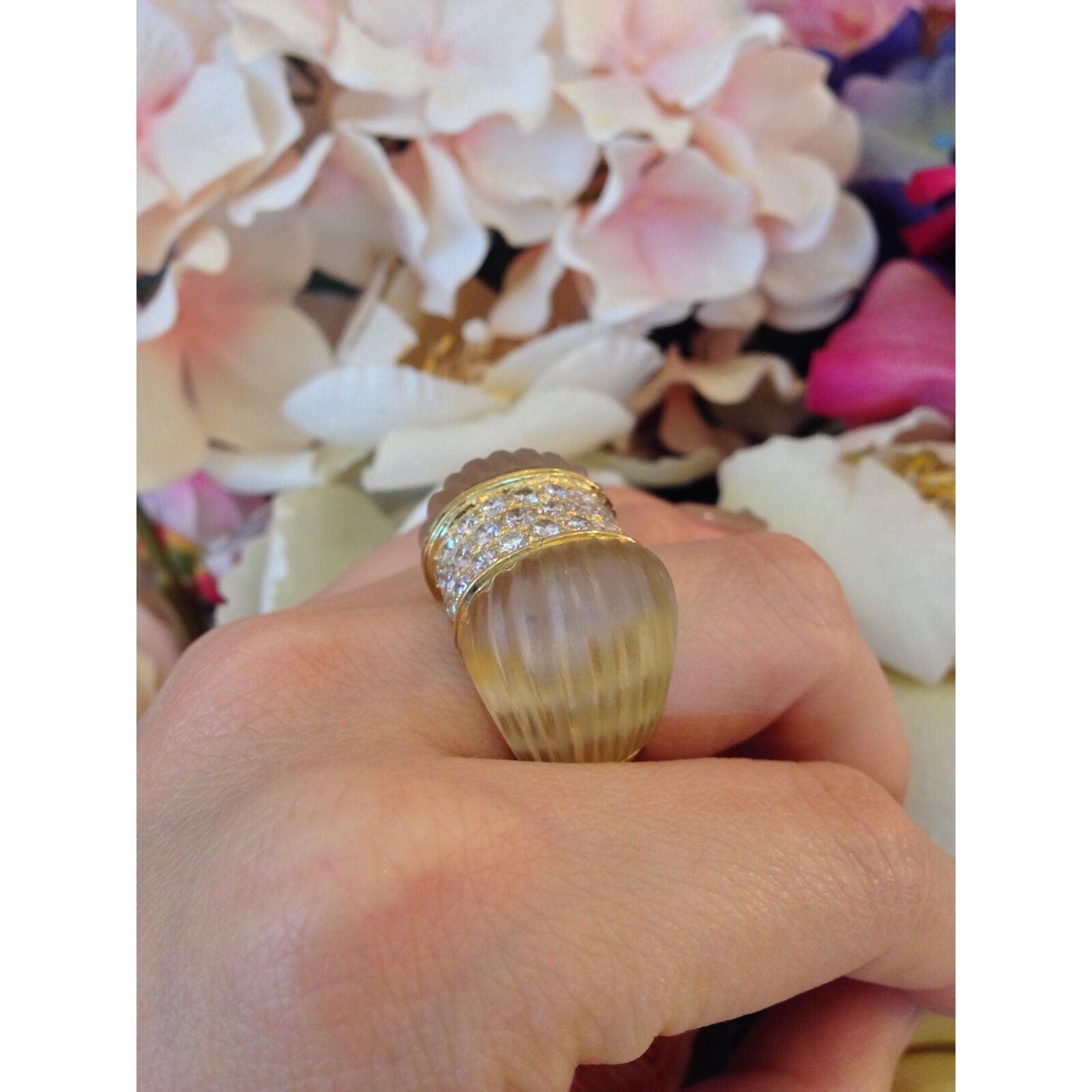 Diamond Pave Rock Quartz Dome Ring in 18k Yellow Gold