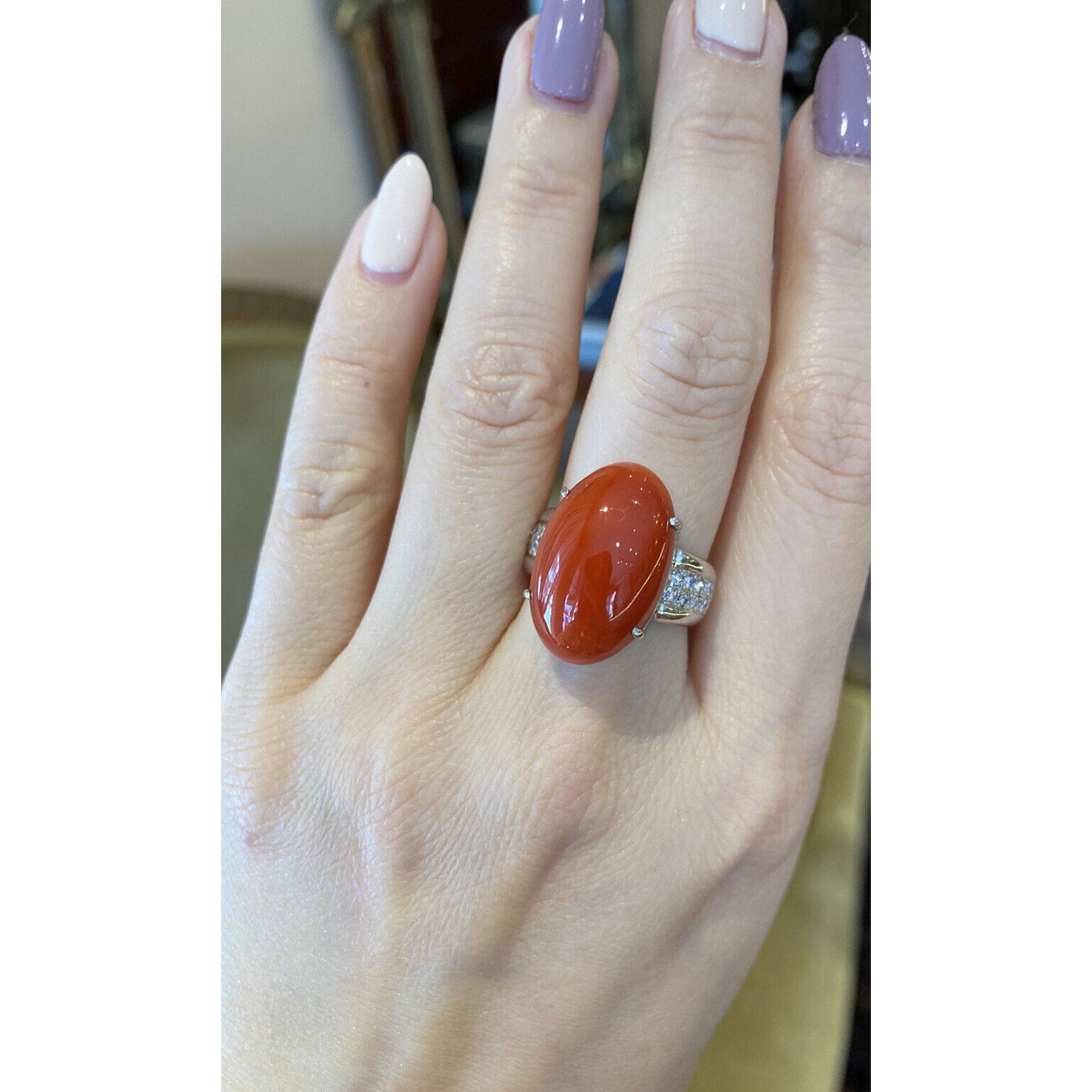 Large Oval Red Coral Cabochon & Diamond Cocktail Ring in Platinum