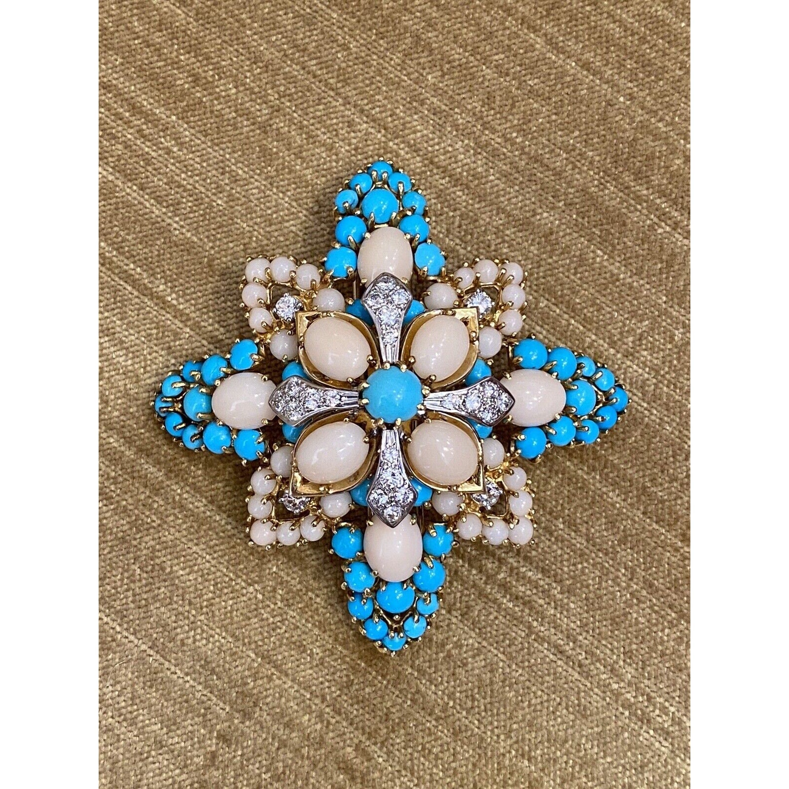 Angel Skin Coral & Turquoise Maltese Cross Pin Brooch 18k Yellow gold - HM2274B
