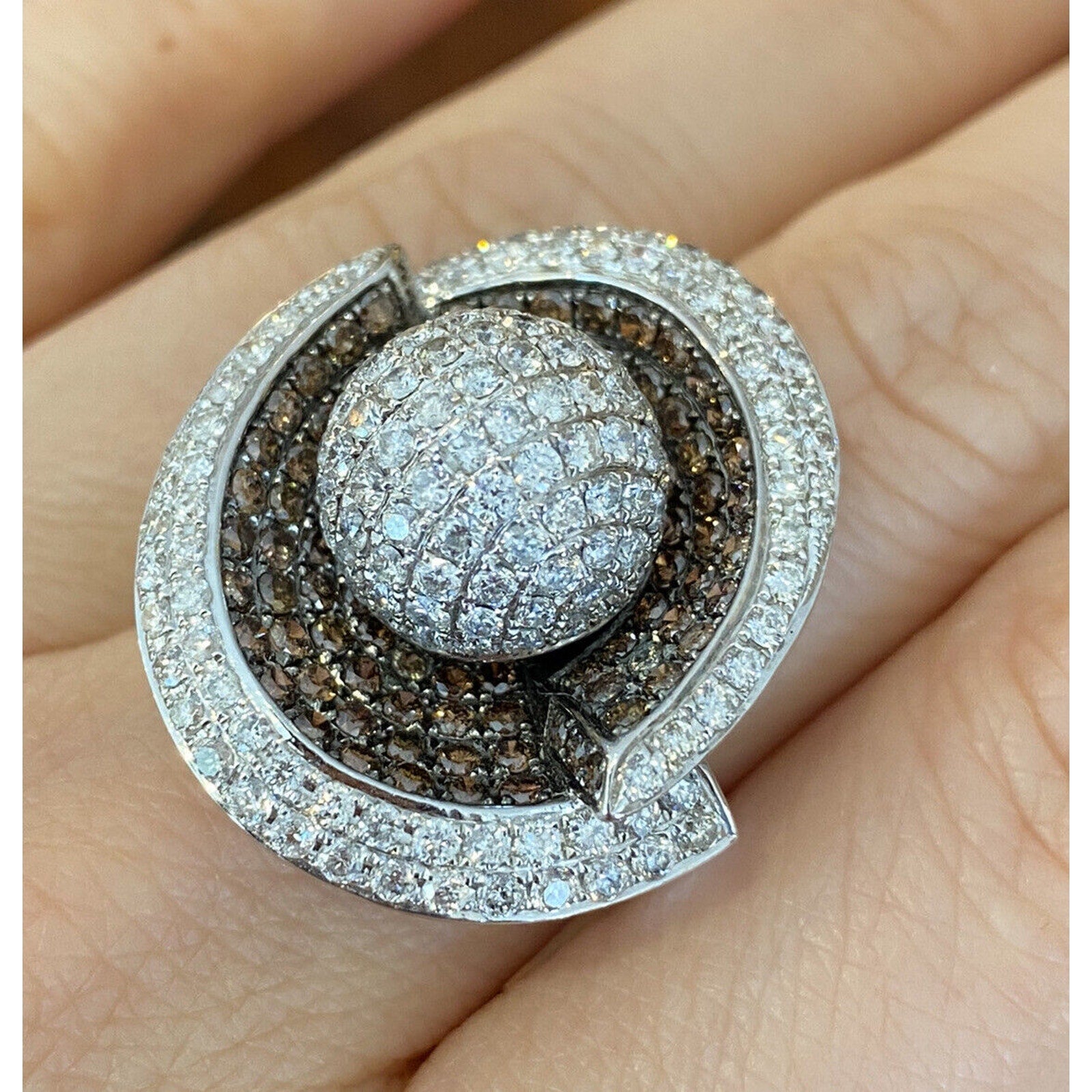 Large Pave Ball Ring with Brown and White Diamonds in 18k White Gold