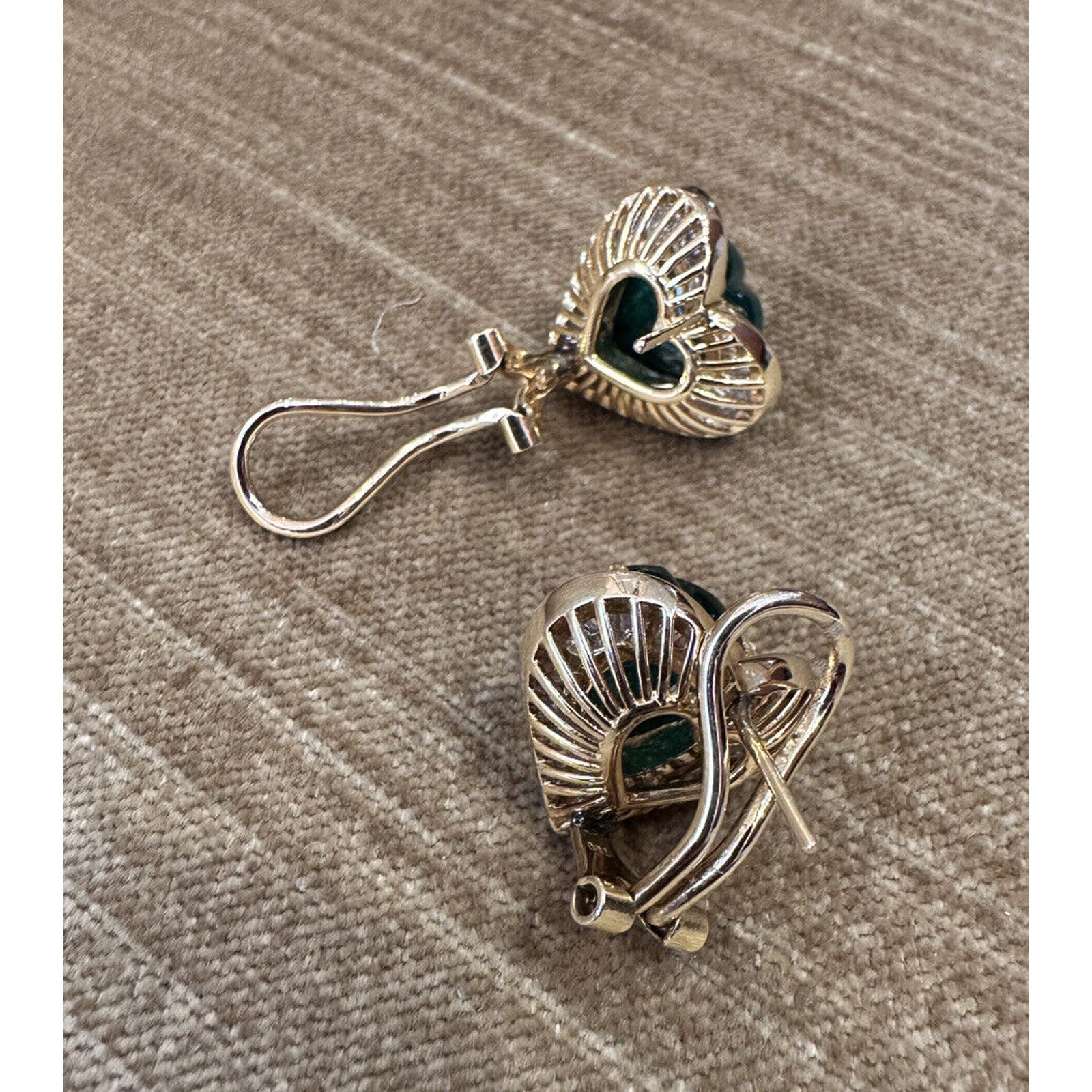 Heart Cabochon Emerald and Baguette Diamond Earrings in 18k Yellow Gold-HM2347E
