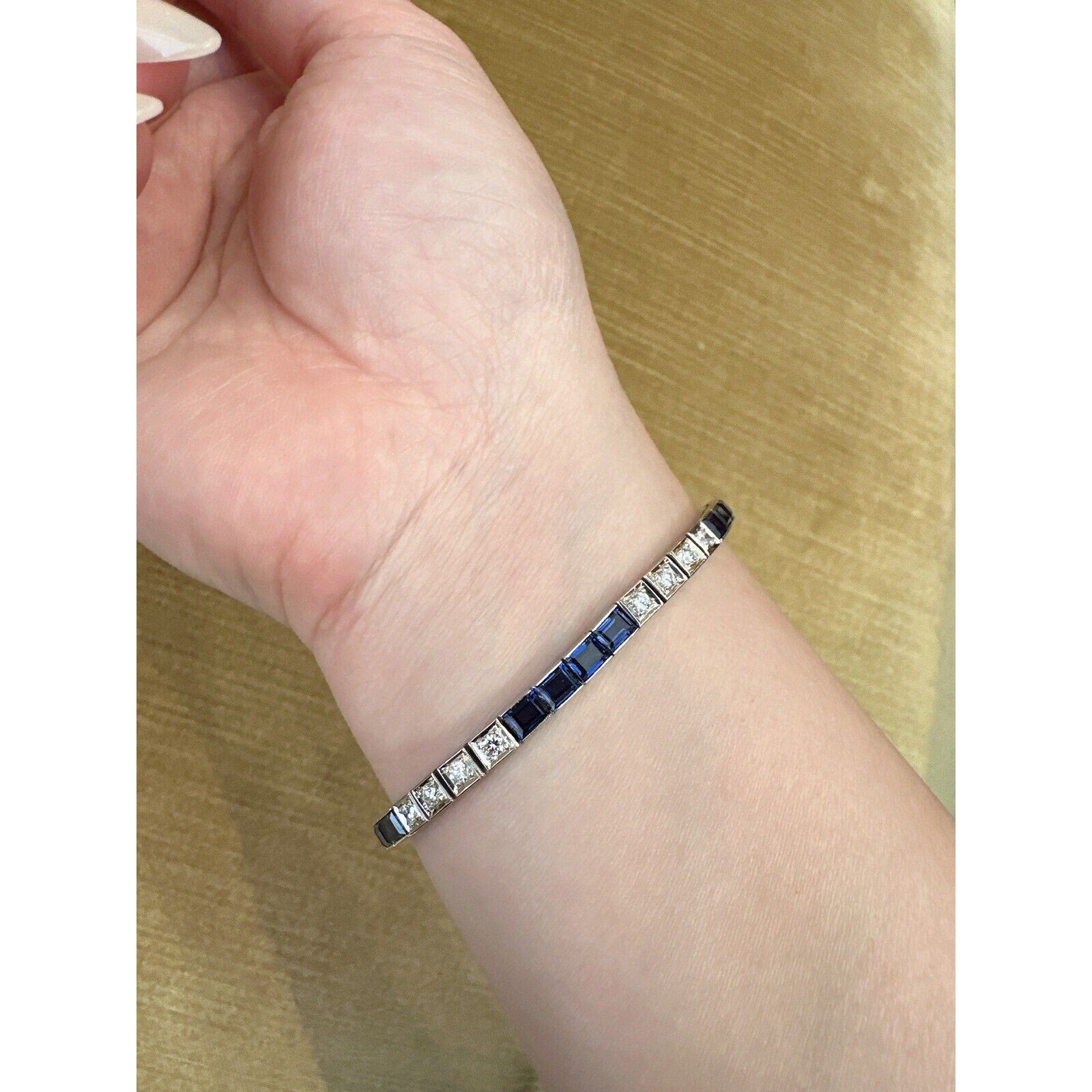 Vintage Diamond and Synthetic Sapphire Line Bracelet in 14k White Gold