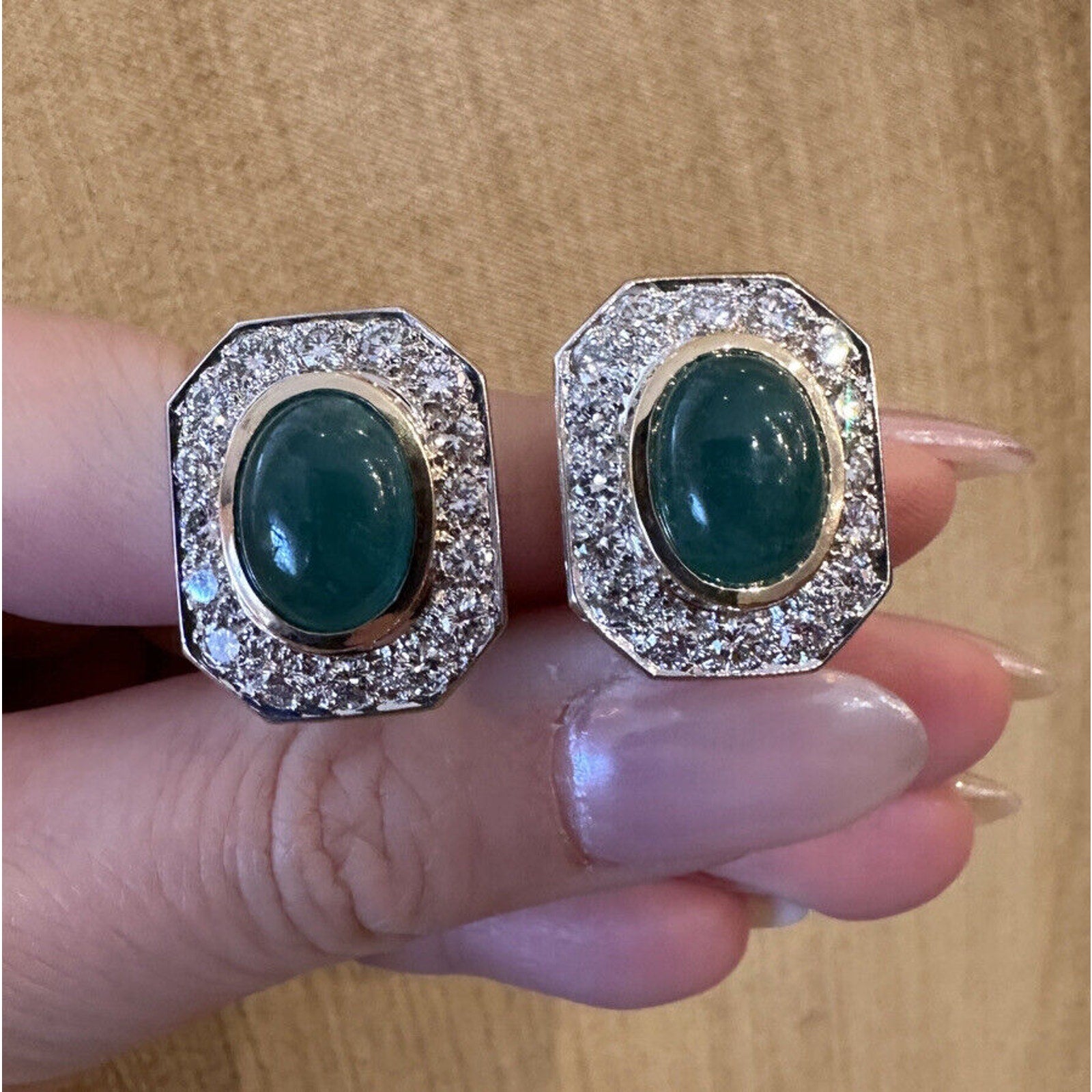 Emerald Cabochon & Diamond Statement Earrings in 18k Yellow Gold