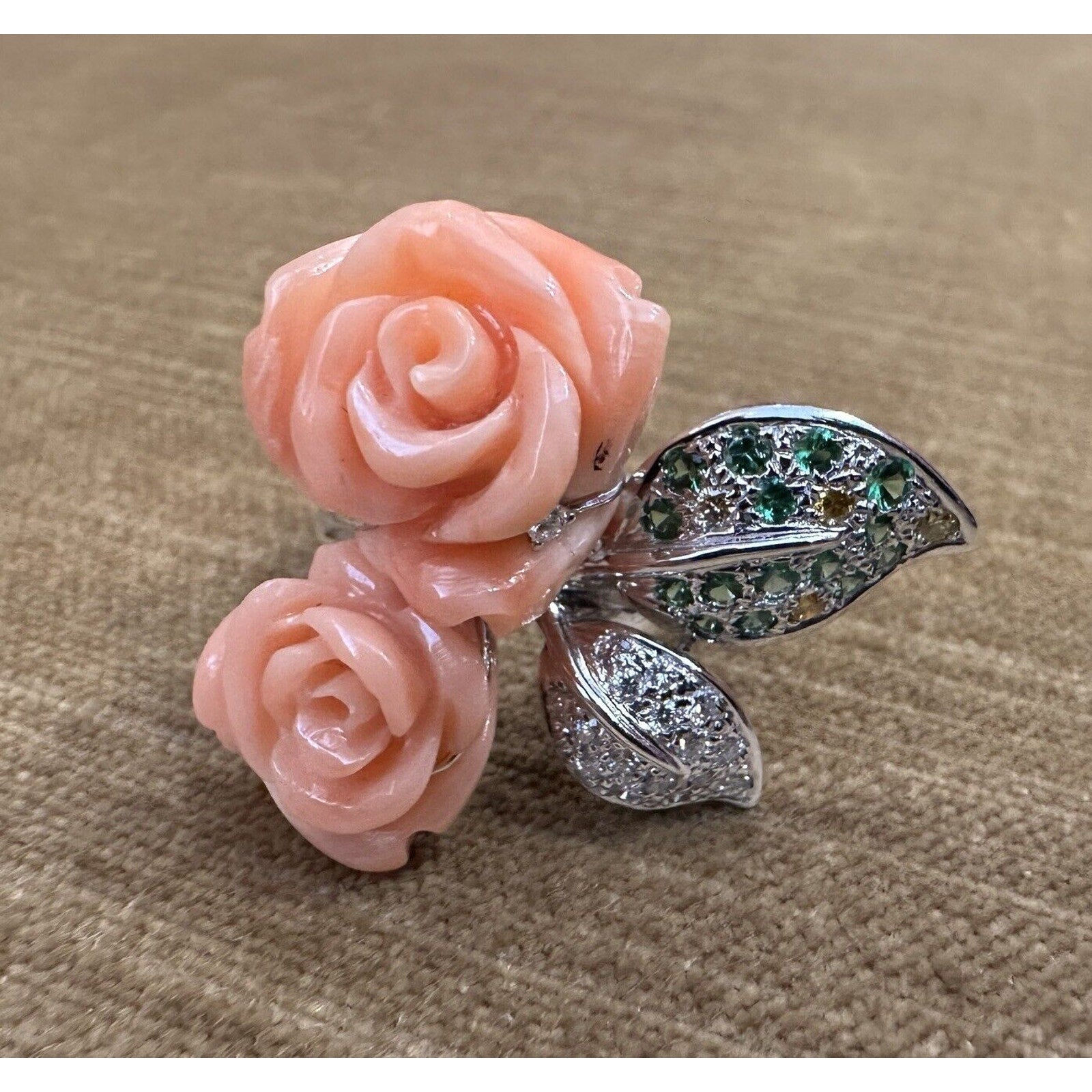 Coral Rose Ring with Diamonds and Gemstones in 18k White Gold - HM2469S