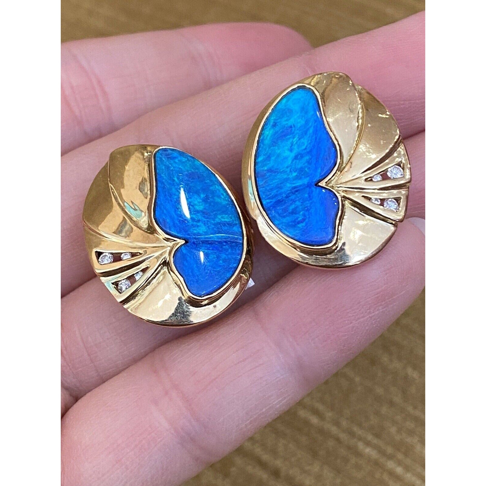 Contemporary Black Opal & Diamond Button Earrings in 18k Yellow Gold