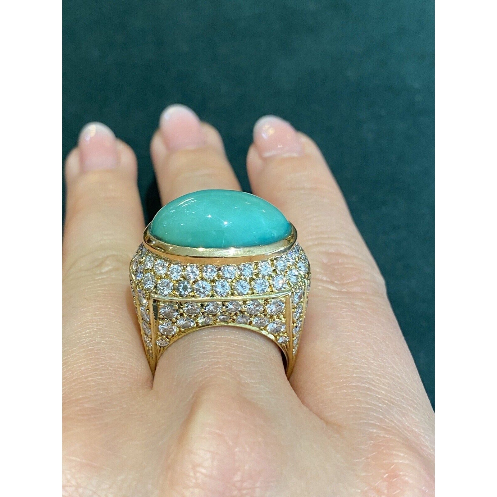 Large Estate Pave Diamond and Turquoise Dome Ring in 18k Yellow Gold - HM1799EE