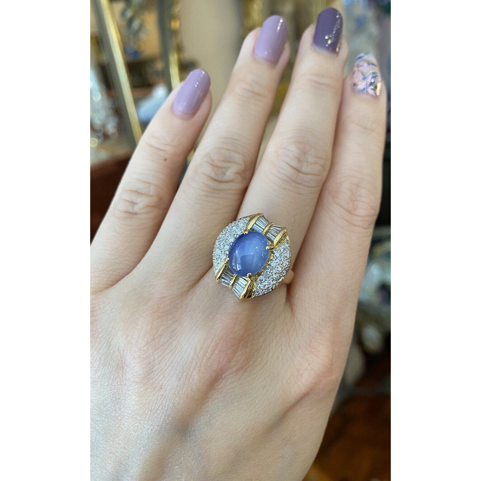 6.24 carat Oval Star Sapphire with Pave Diamonds in 18k Yellow Gold