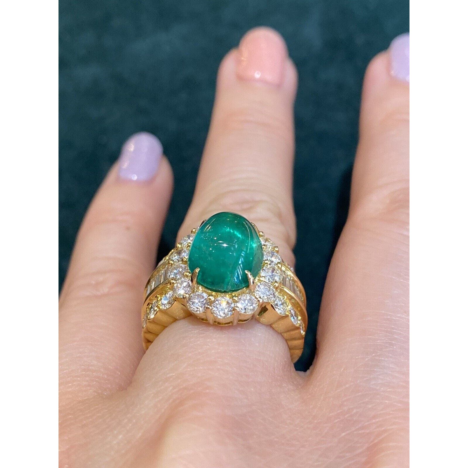 GIA 5.12ct Emerald Cabochon & Diamond Ring in 18k Yellow Gold - HM2222BR