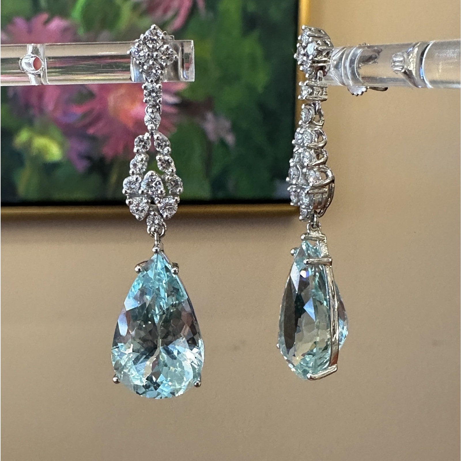 Aquamarine and Diamond Drop Earrings in 18k White Gold