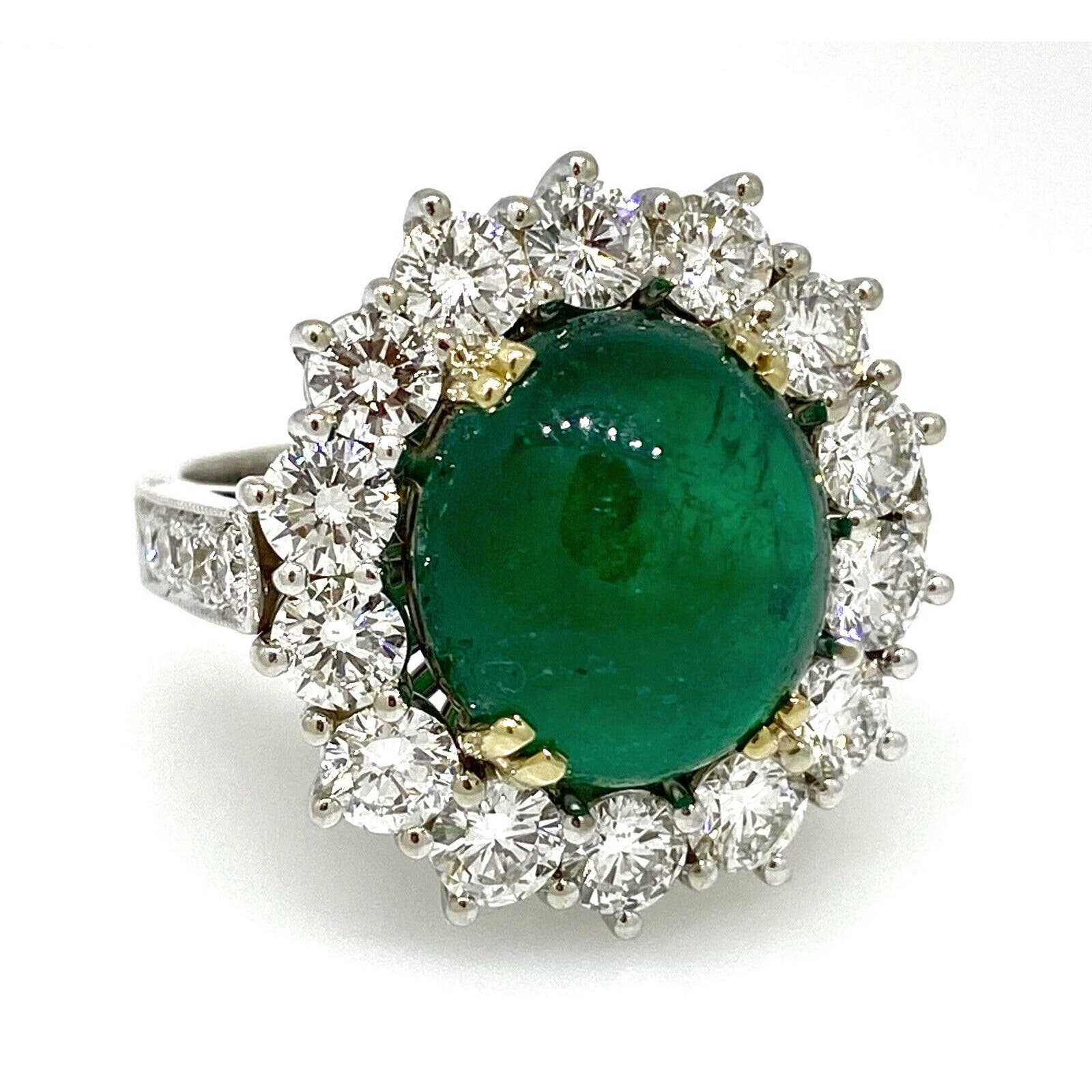 GIA Colombian 9 ct Emerald Cabochon & Diamond Ring in 18K White Gold - HM2316E