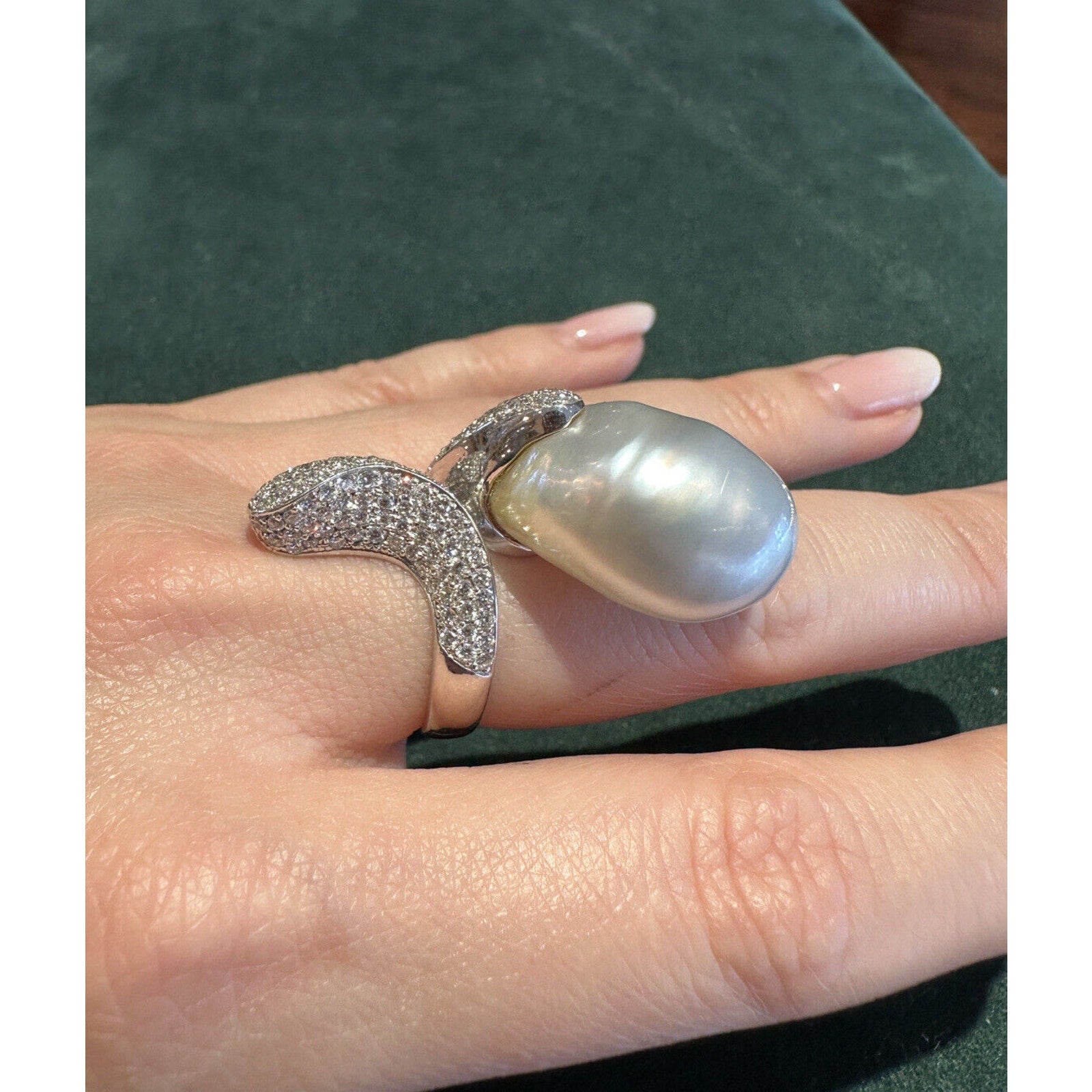 Large Baroque Pearl & Diamond Crossover Cocktail Ring in 18k White Gold