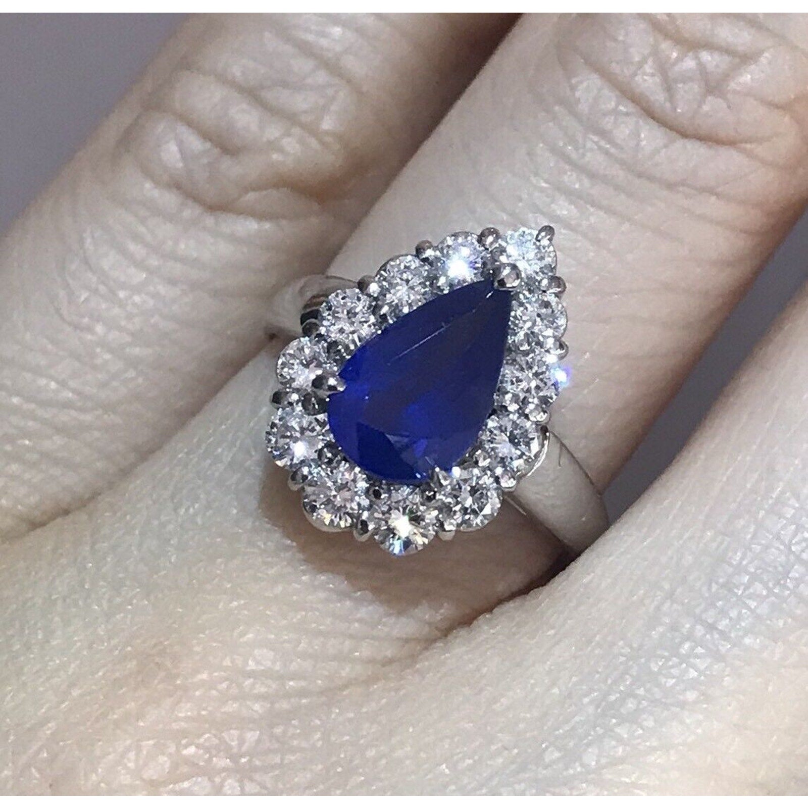 Cornflower Blue Pear Shaped Sapphire and Diamond Ring in Platinum