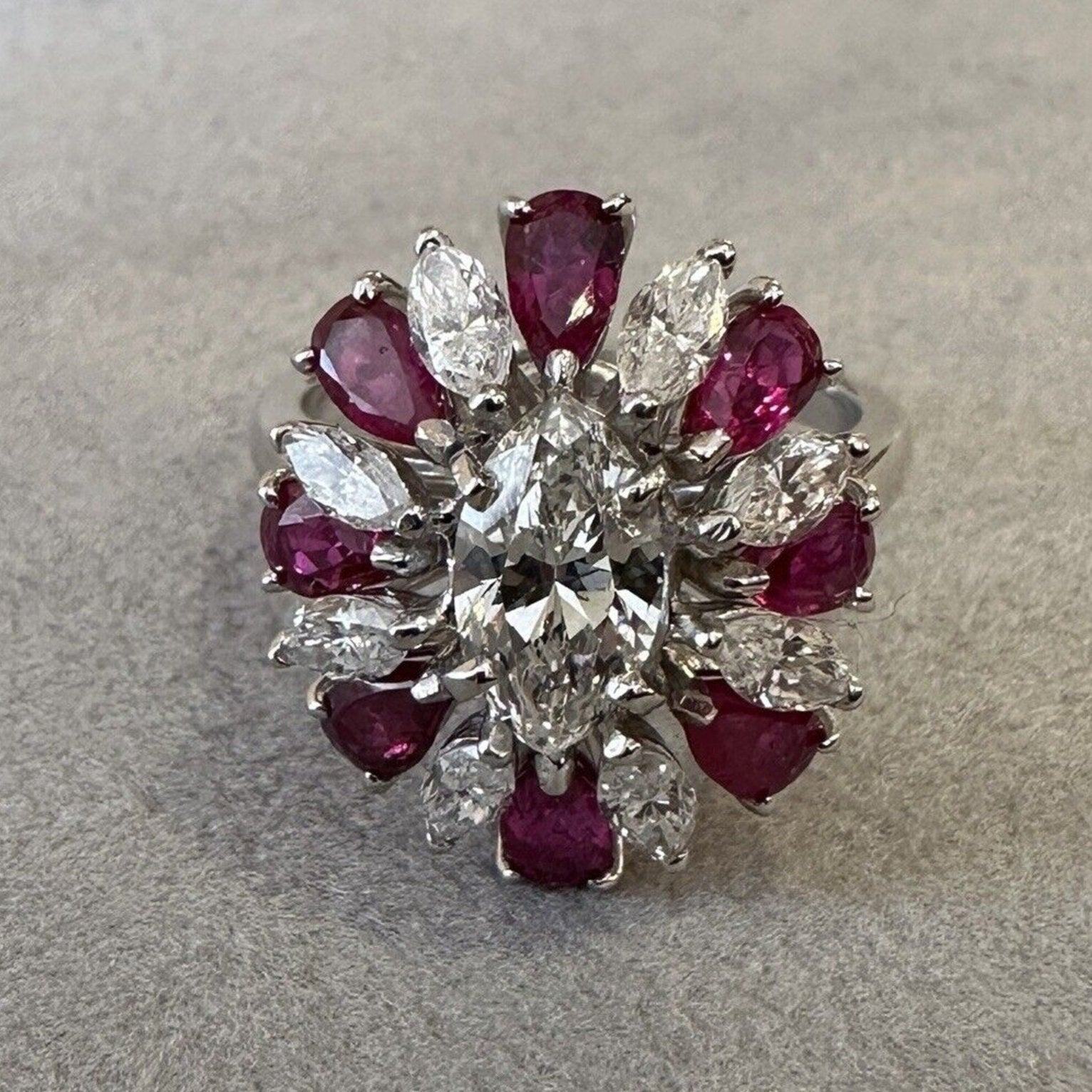 GIA .93 carat Marquise Diamond and Pear Ruby Cocktail Ring in Platinum