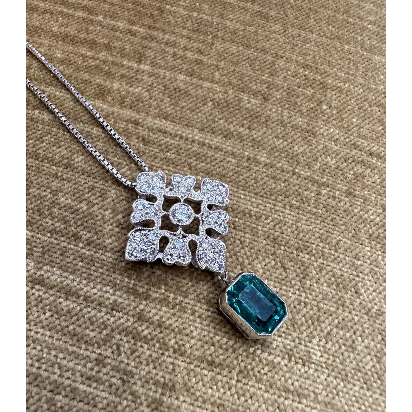 Emerald Drop and Diamond Pendant Necklace in Platinum - HM2496AI