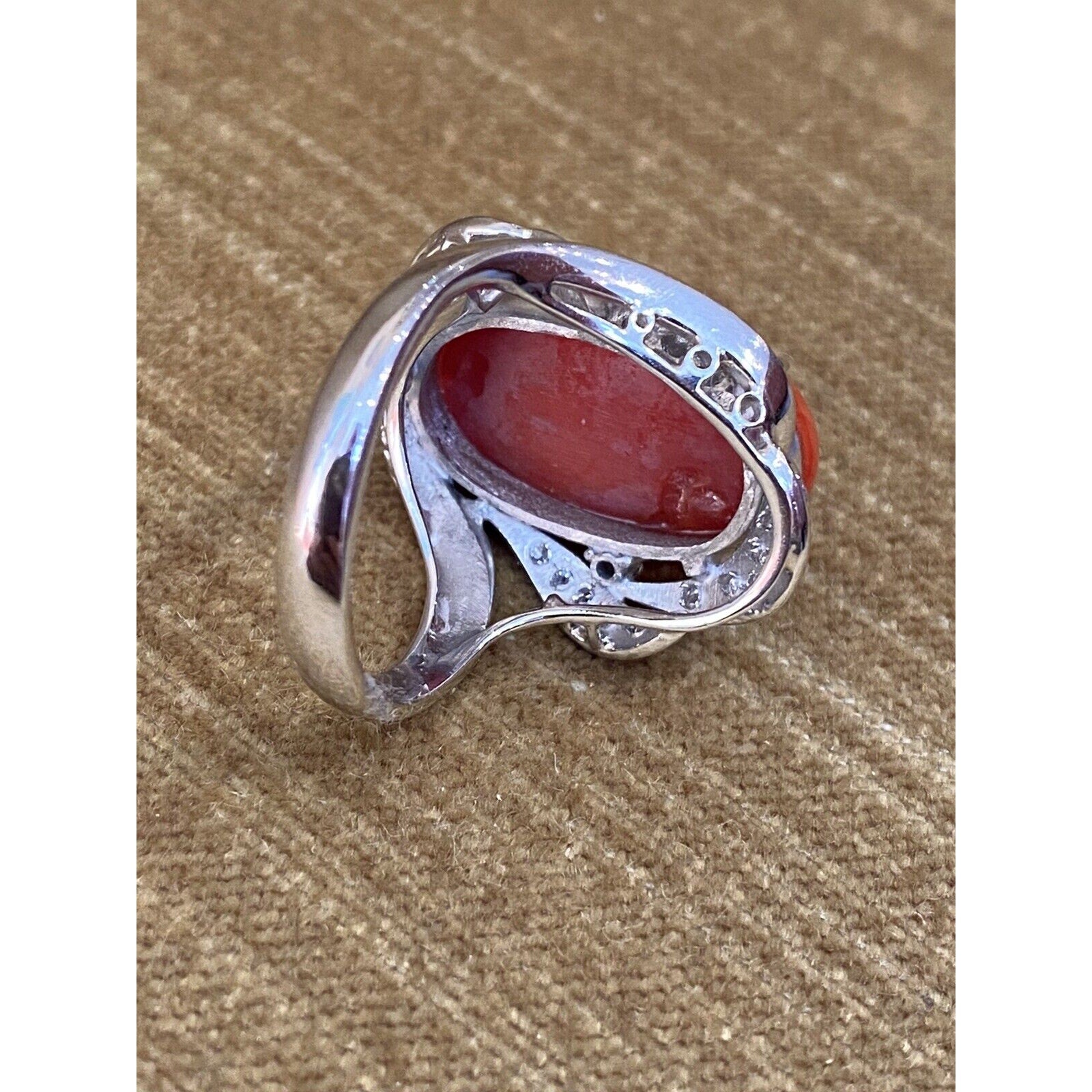 Estate Oval Coral and Diamond Cocktail Ring in Platinum