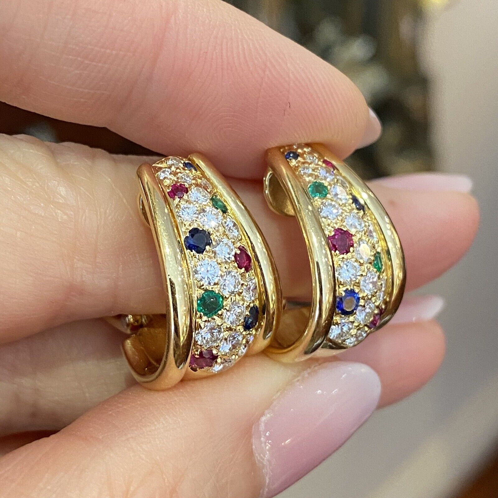 Diamond, Sapphire, Ruby, Emerald Half Hoop Earrings in 18k Yellow Gold