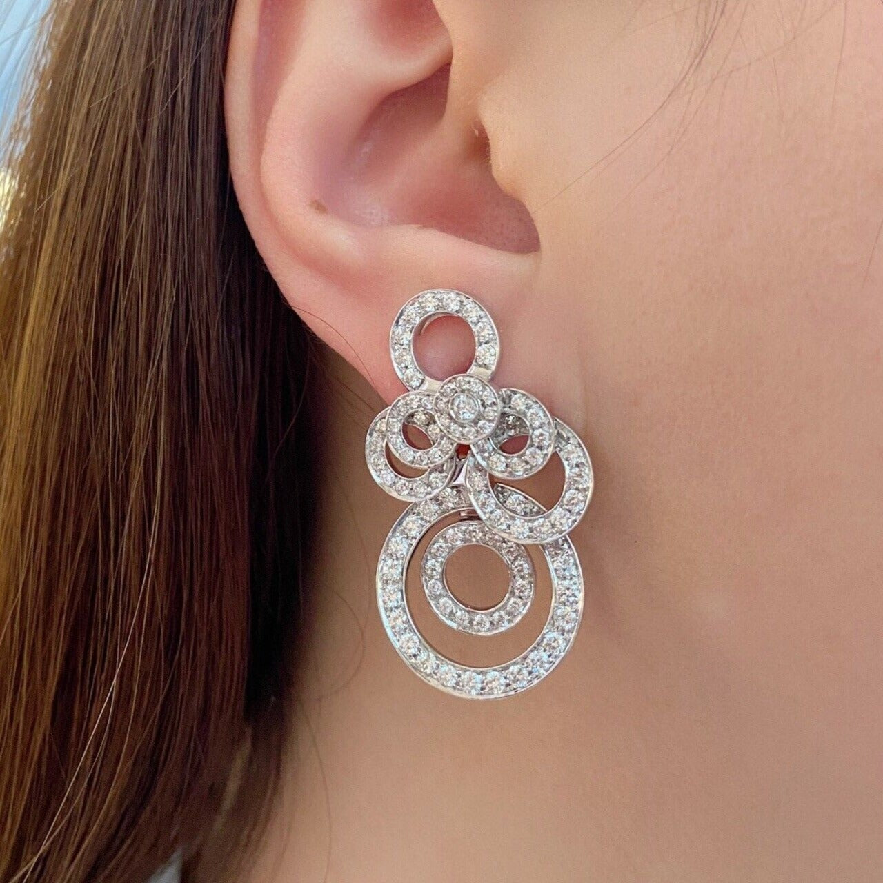 Diamond Circlets Drop Earrings in 18k White Gold