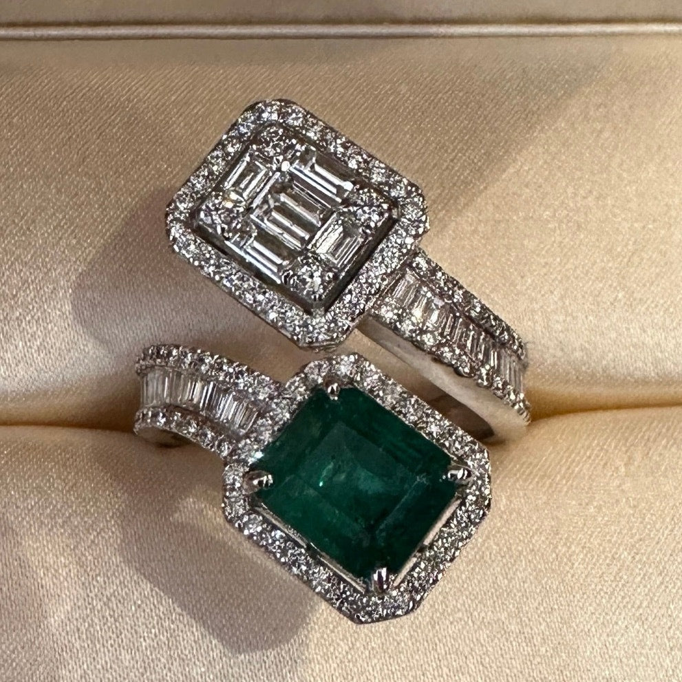 Emerald and Diamond Crossover Ring in 18k White Gold (HM2489AE)