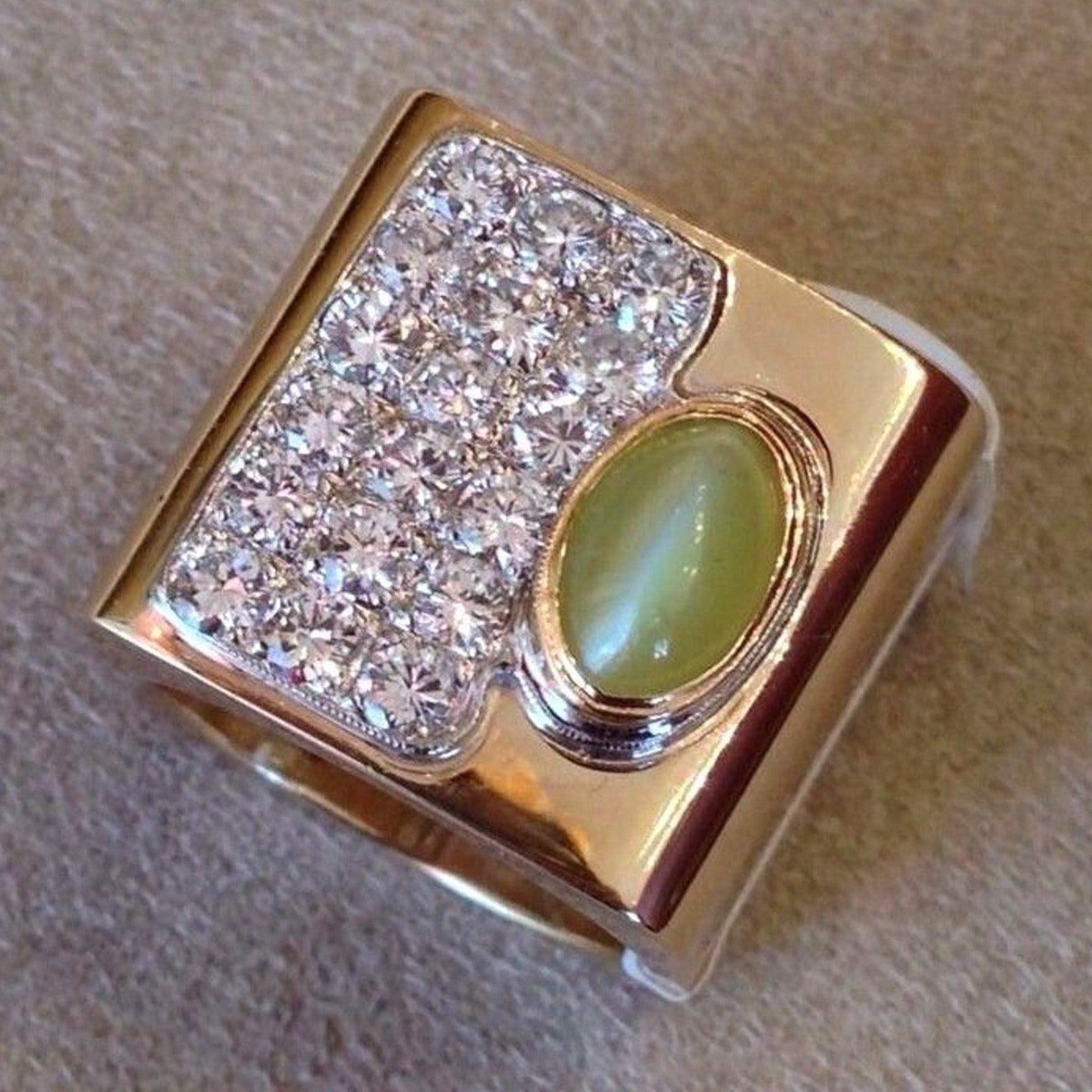 Wide Cat's Eye Chrysoberyl and Diamond Ring in 14K Yellow Gold