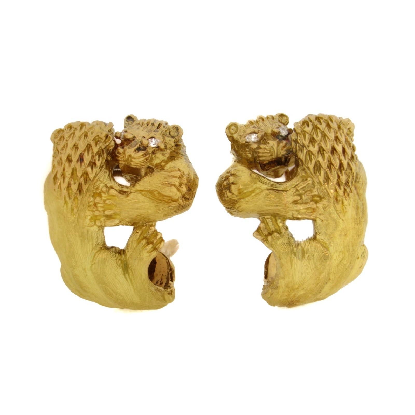 FRENCH Double Lion Earrings w/ Diamond in Textured 18k Yellow Gold