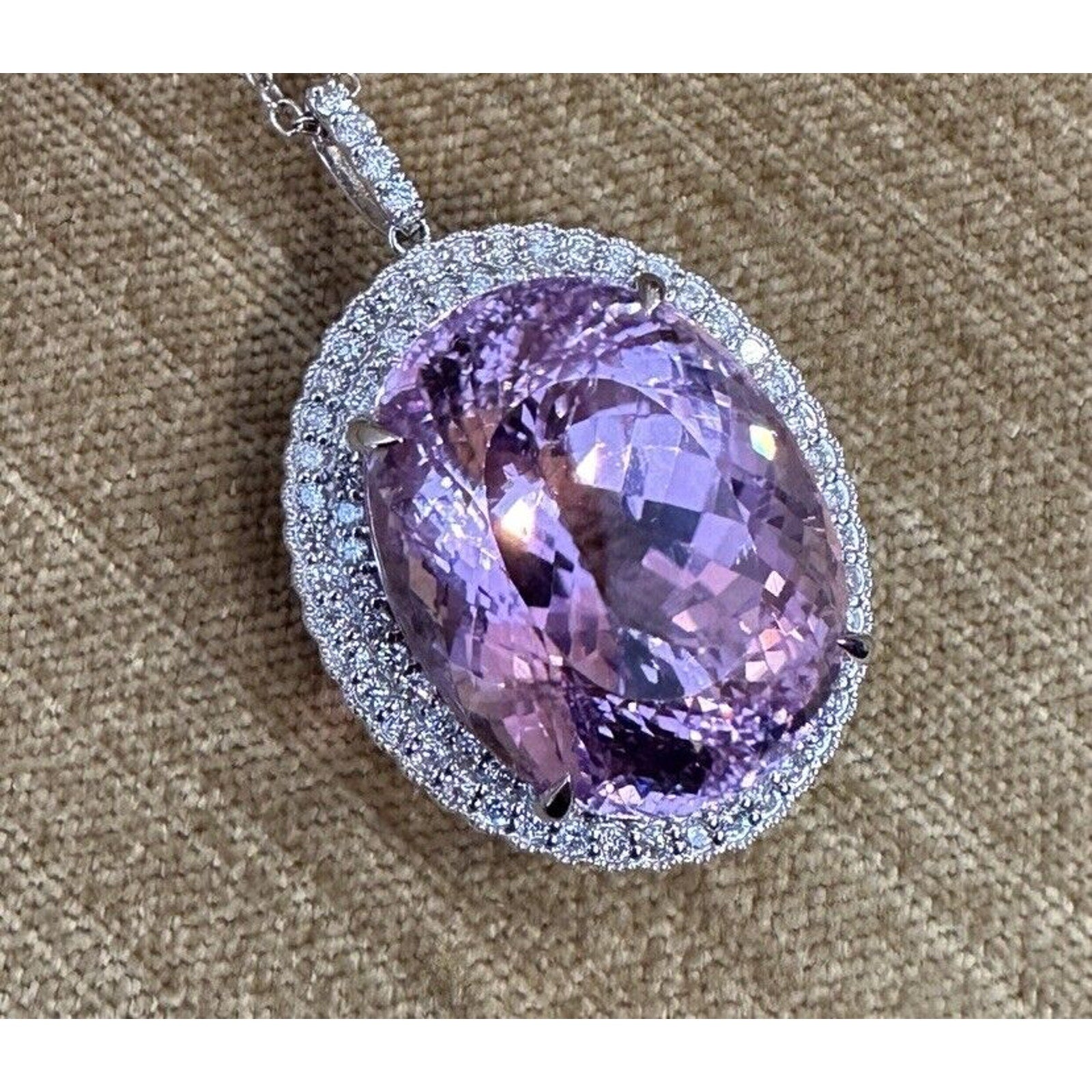 GIA Oval Kunzite 60.35 carat with Diamonds Pendant Necklace in Platinum