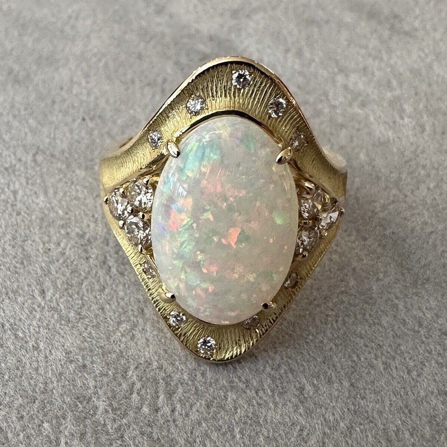 Natural Oval Opal & Diamond Ring in 18k Yellow Gold