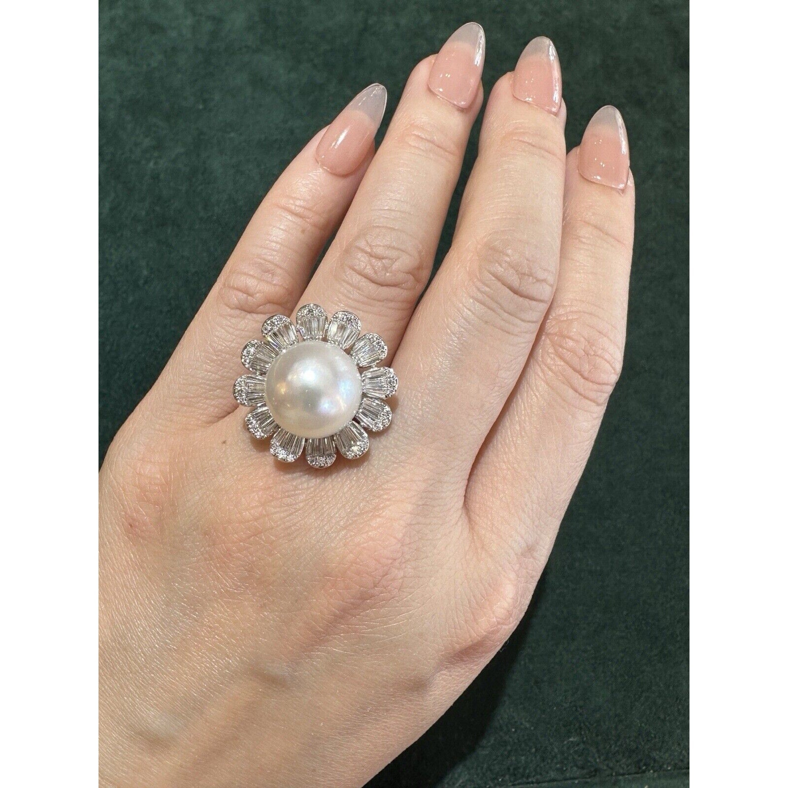 South Sea Pearl and Diamond Flower Ring in 18k White Gold