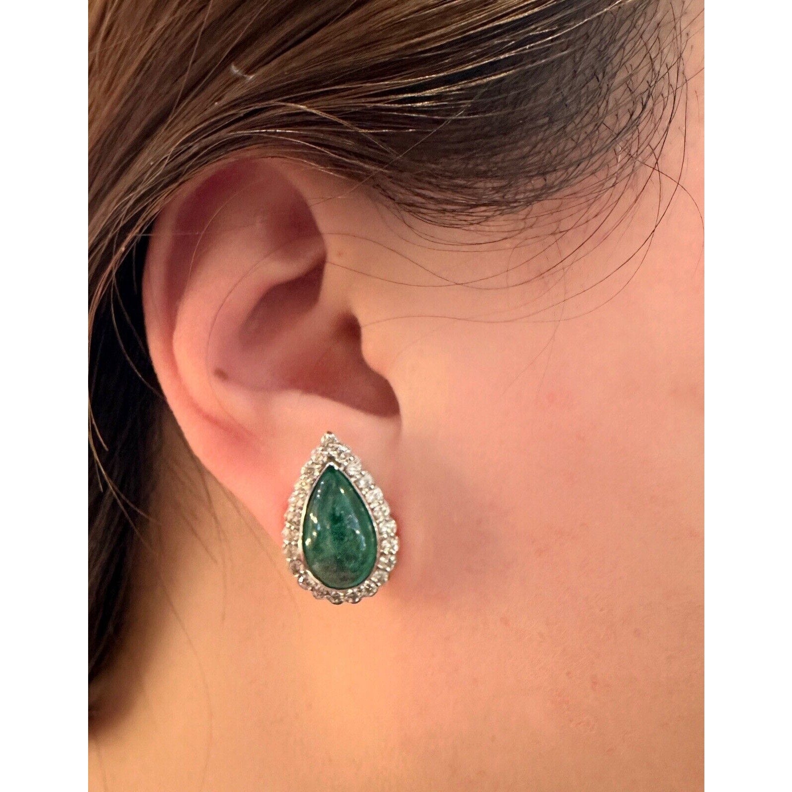 Emerald Cabochon Earrings with Diamonds in 18k White Gold