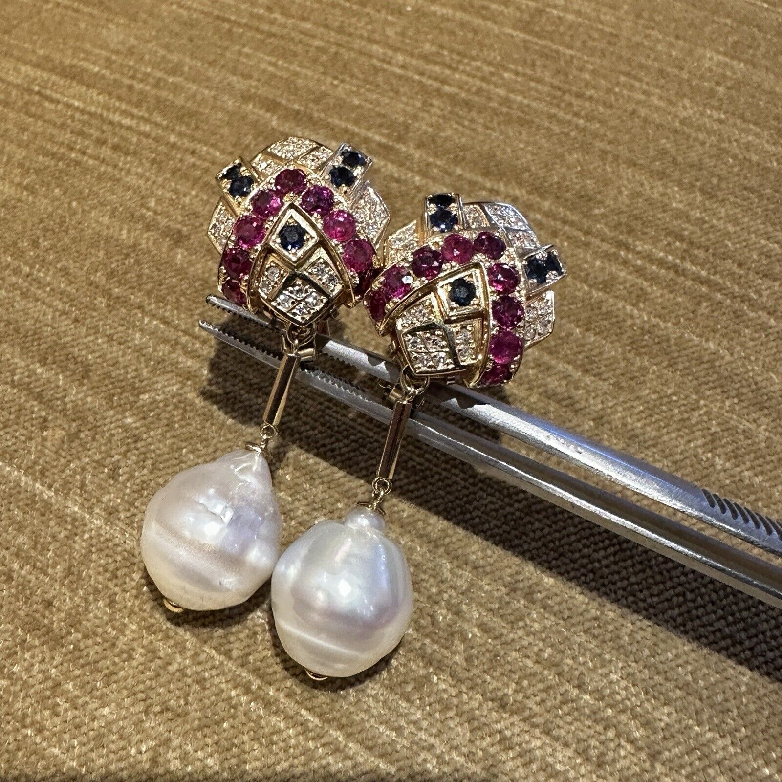 Ruby, Sapphire, Diamond & Pearl Drop Earrings in 18k Yellow Gold