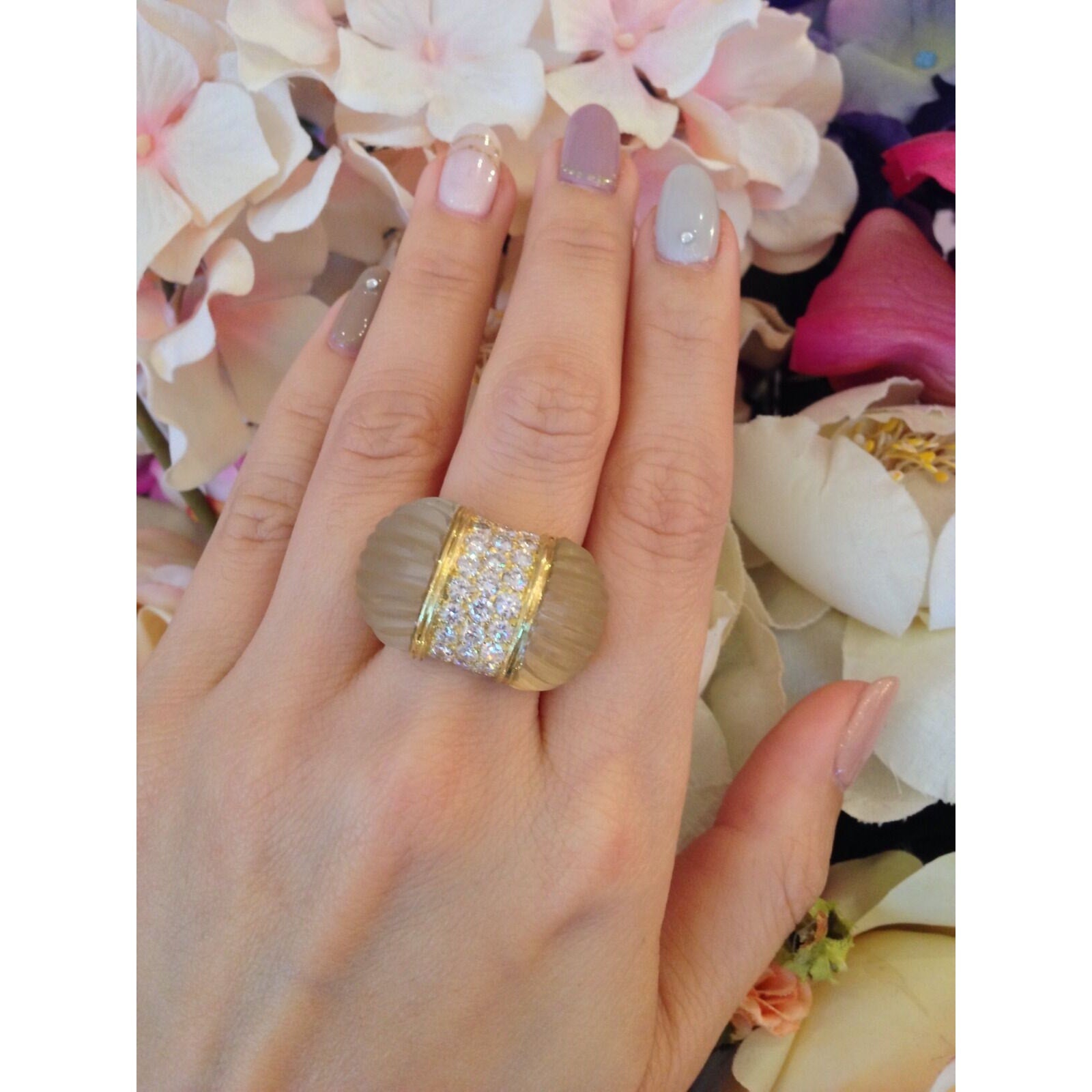 Diamond Pave Rock Quartz Dome Ring in 18k Yellow Gold