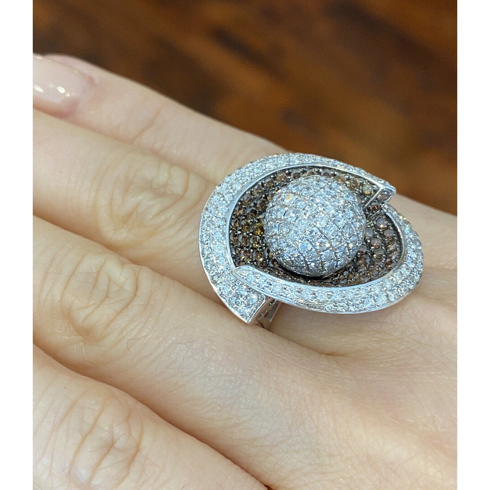 Large Pave Ball Ring with Brown and White Diamonds in 18k White Gold