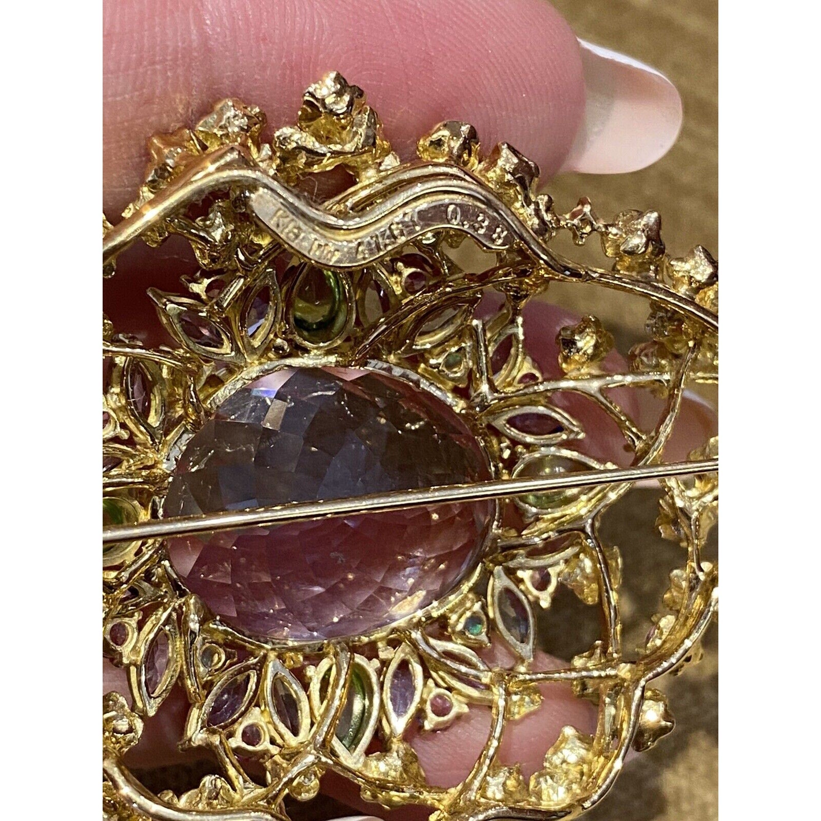 Large Kunzite and Multigems Diamond Pin / Brooch in 18k Yellow Gold