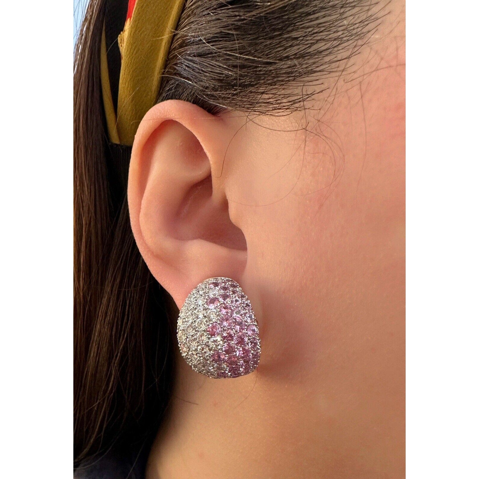 Diamond & Pink/Yellow Sapphire Dome Half-hoop Earrings 18k White Gold - HM1456AR