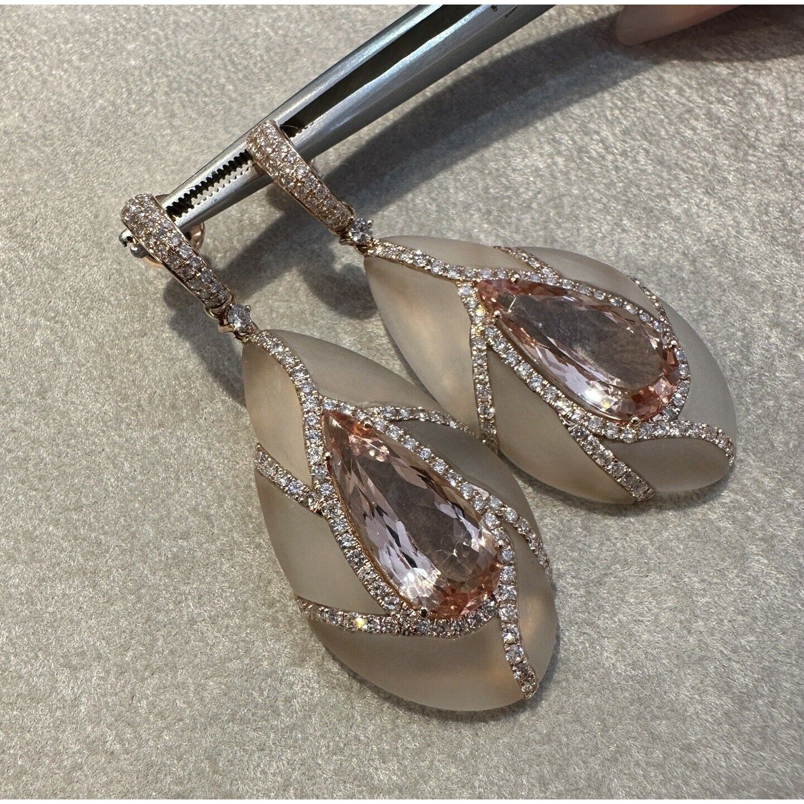 Morganite, Diamond & Rock Crystal Drop Earrings in 18k Rose Gold