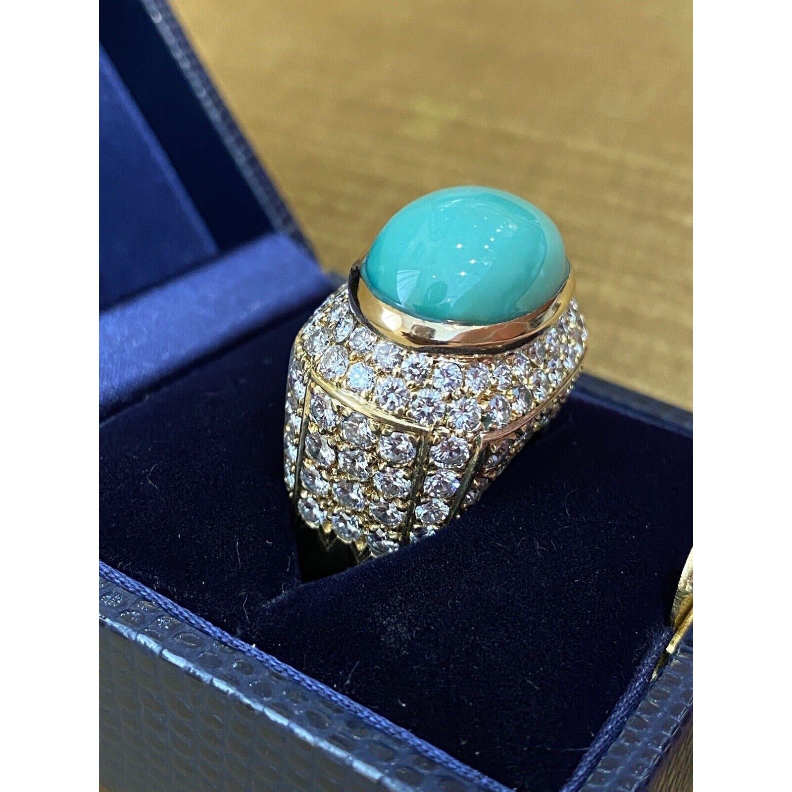 Large Estate Pave Diamond and Turquoise Dome Ring in 18k Yellow Gold - HM1799EE