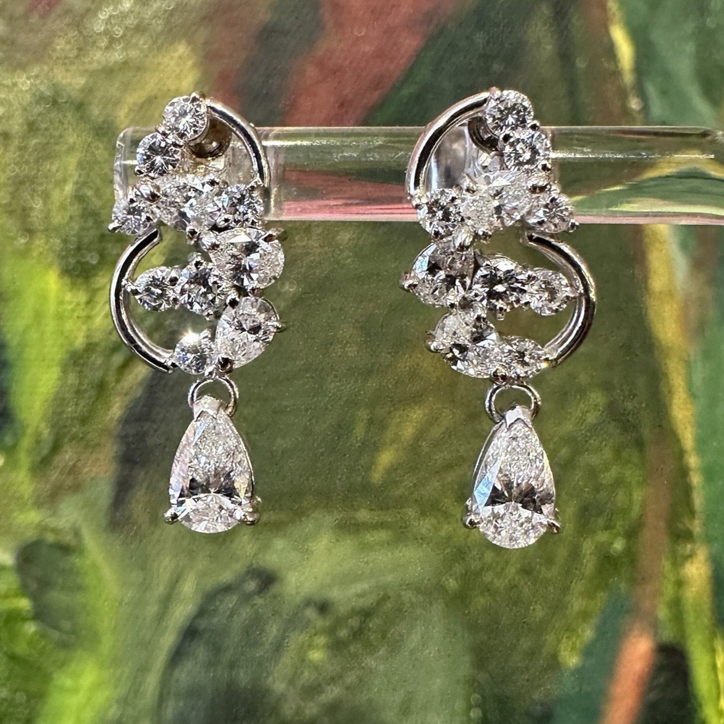 Diamond Cluster Earrings with Pear Diamond Drop in Platinum/18k White Gold