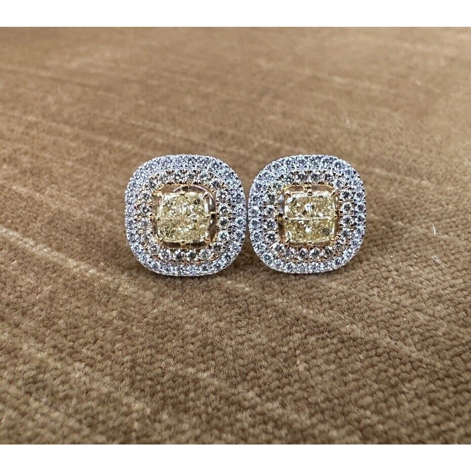 Natural Yellow & White Diamond Illusion set Earrings in 18k White Gold