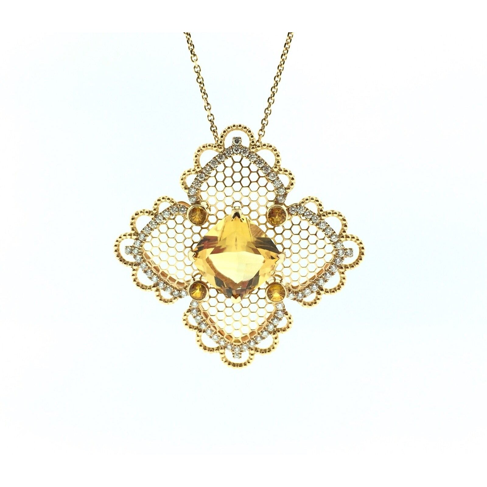 Citrine and Diamond Lace Pendant Necklace in 18k Yellow Gold - HM1583SE