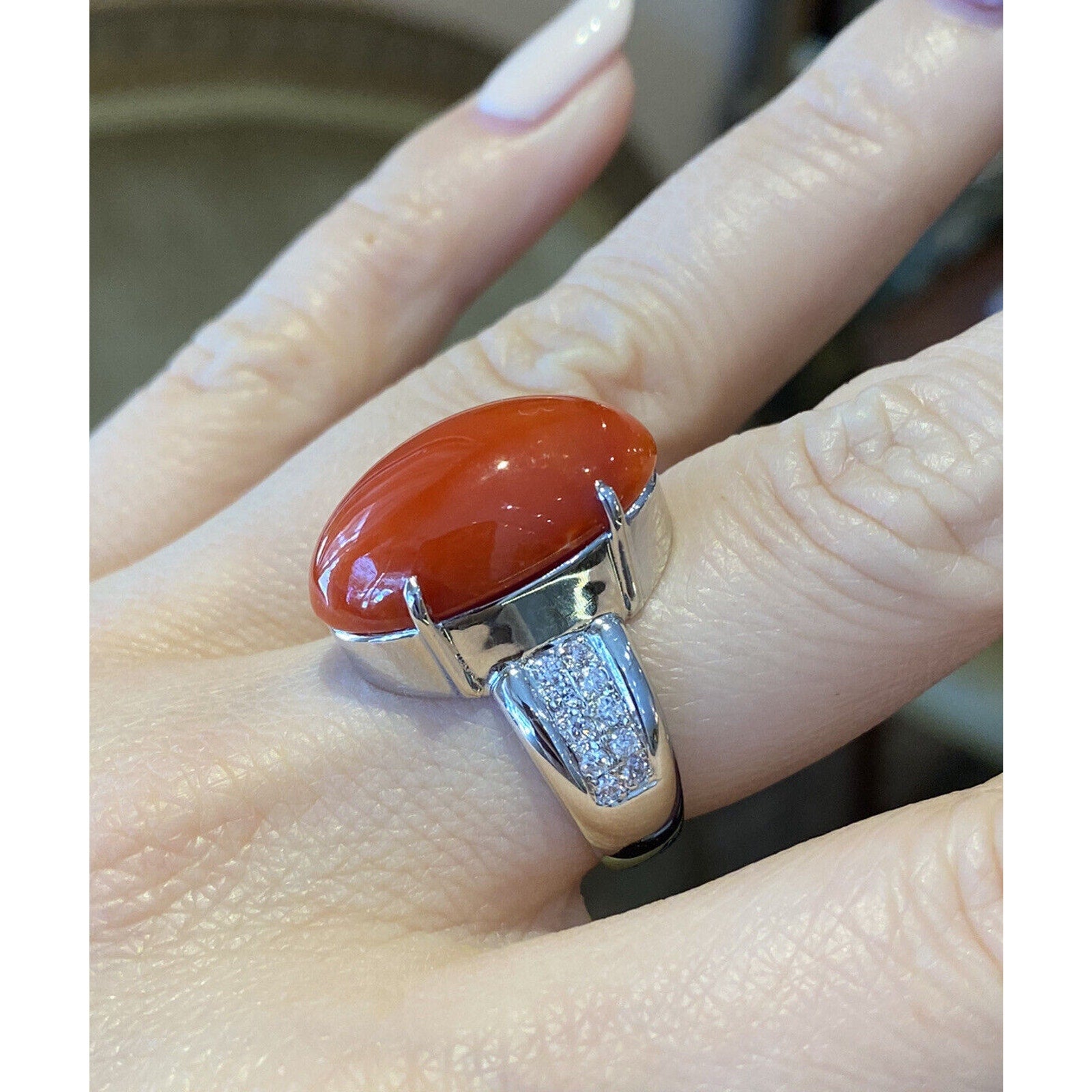 Large Oval Red Coral Cabochon & Diamond Cocktail Ring in Platinum