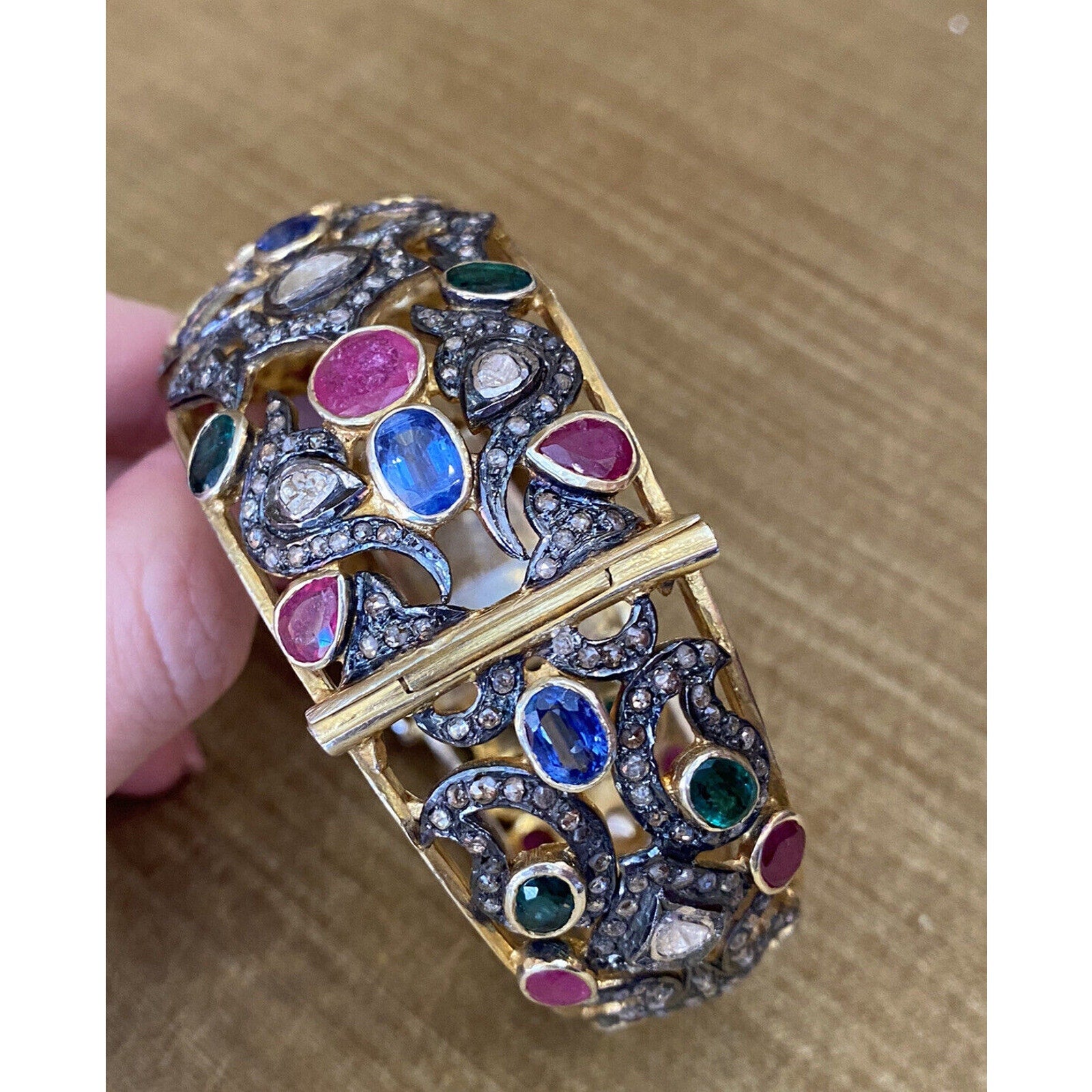 Vintage Multi Gems and Diamond Bangle Bracelet in 14k Gold and Silver