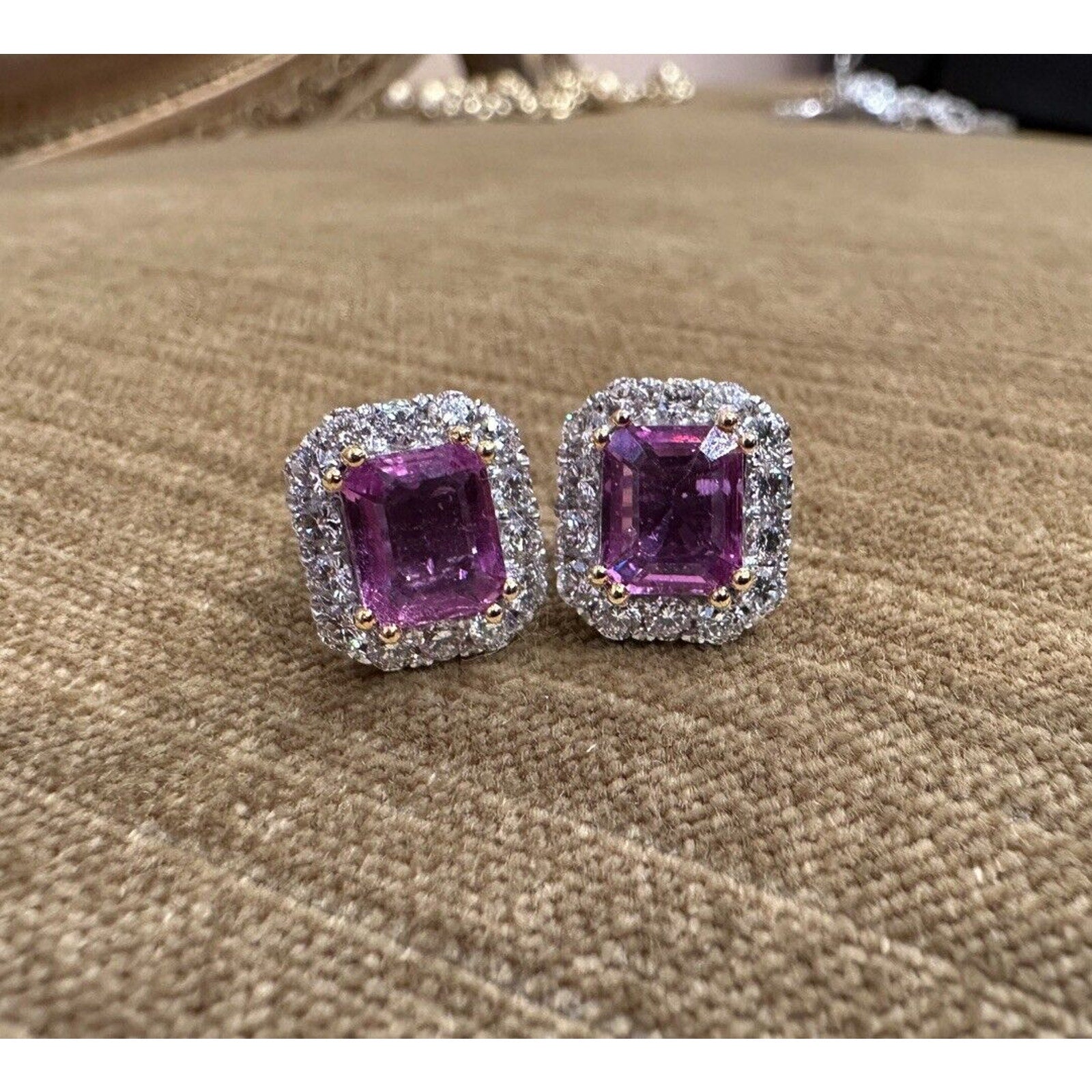 Pink Sapphire and Diamond Halo Earrings in 18k White Gold - HM2536SN
