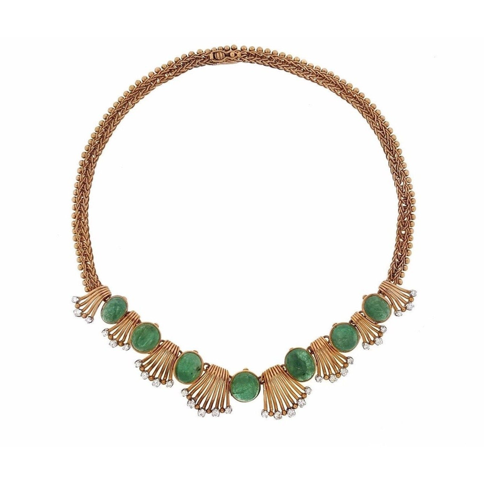 Retro Emerald Cabochon & Diamond Necklace in 18K Rose Gold