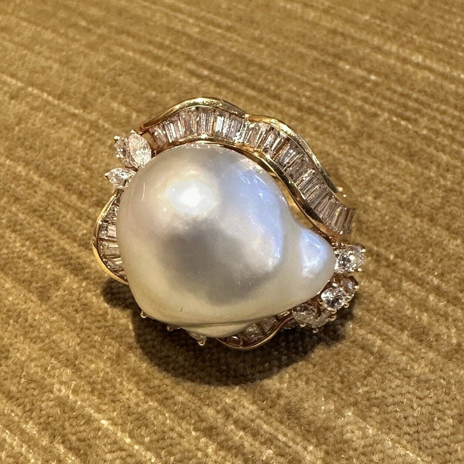 Large Estate Baroque Pearl and Diamond Ring in 18k Yellow Gold