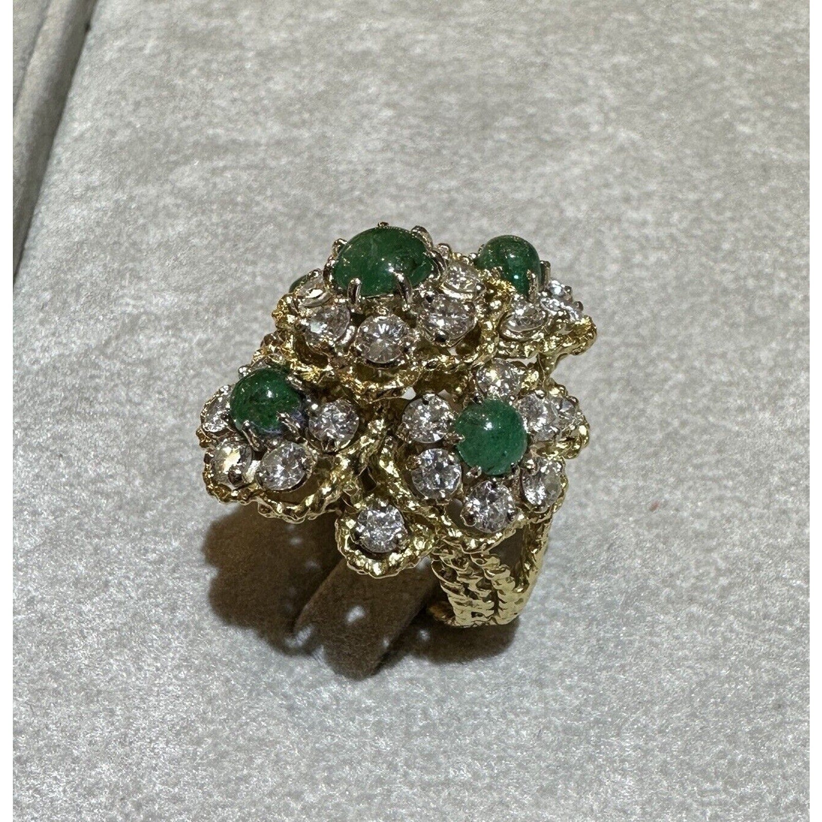 Estate Emerald and Diamond Floret Dome Ring in 18k Yellow Gold