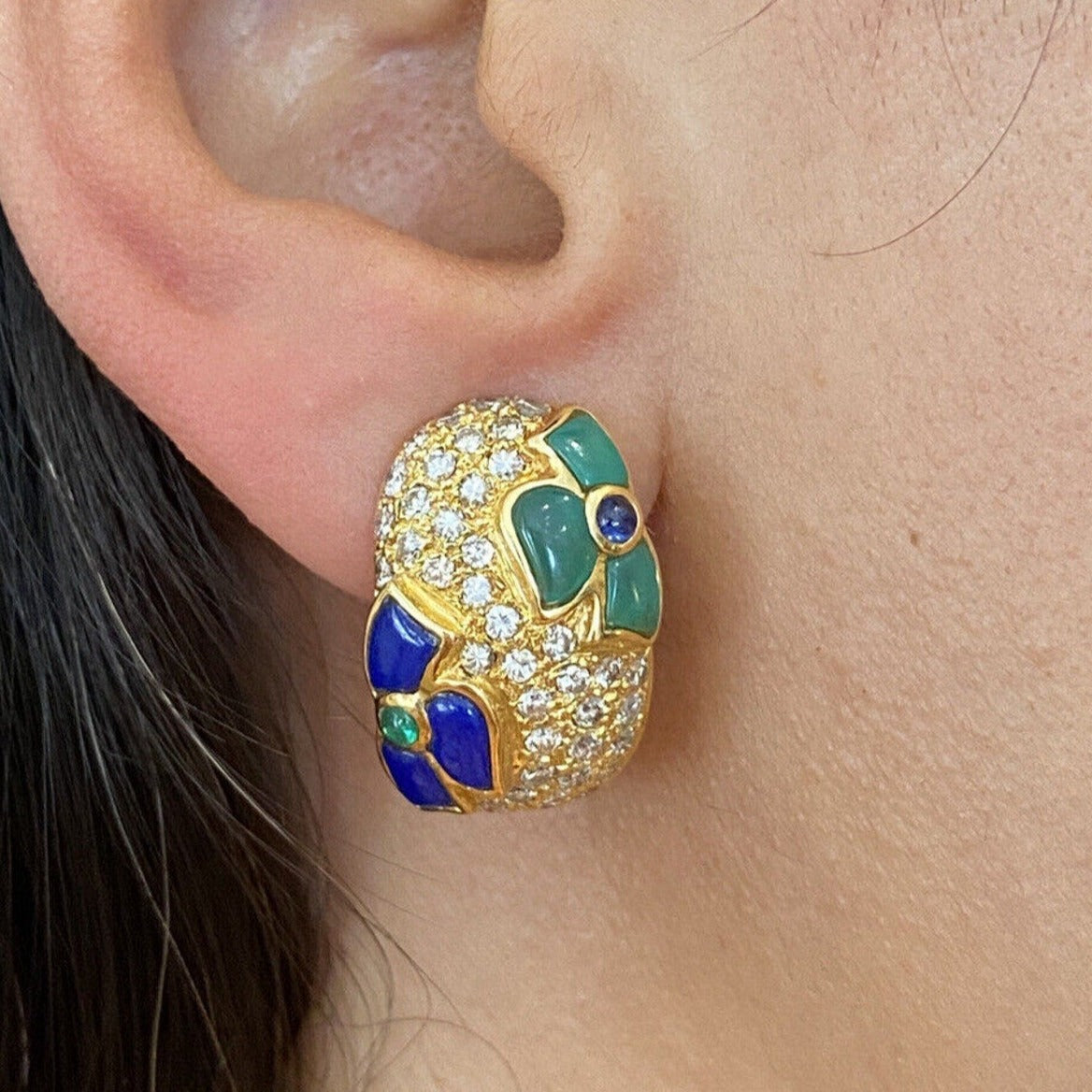 Diamond and Enamel Hoop Earrings in 18k Yellow Gold