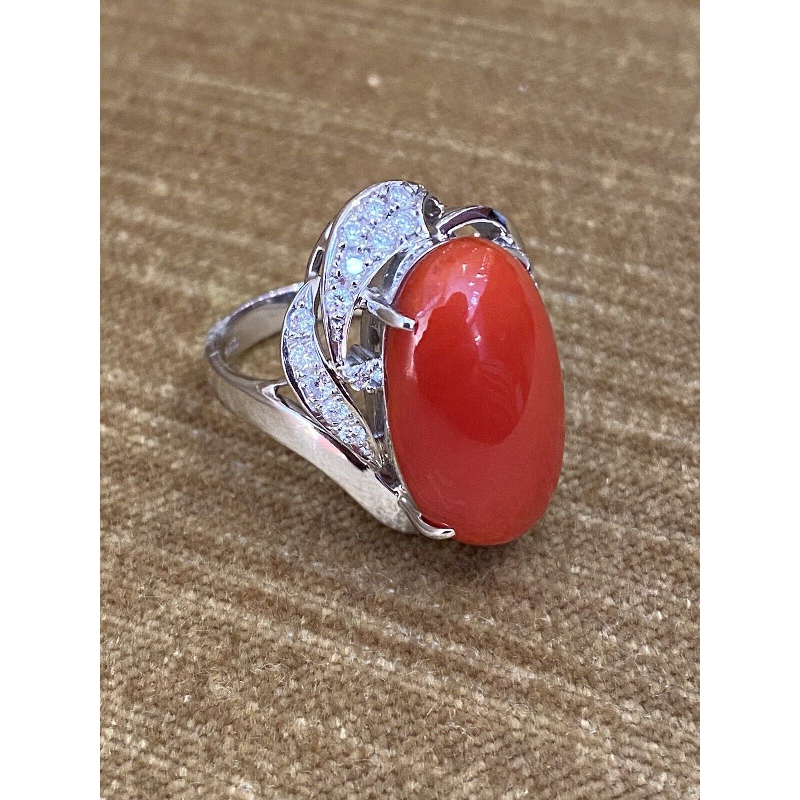 Estate Oval Coral and Diamond Cocktail Ring in Platinum