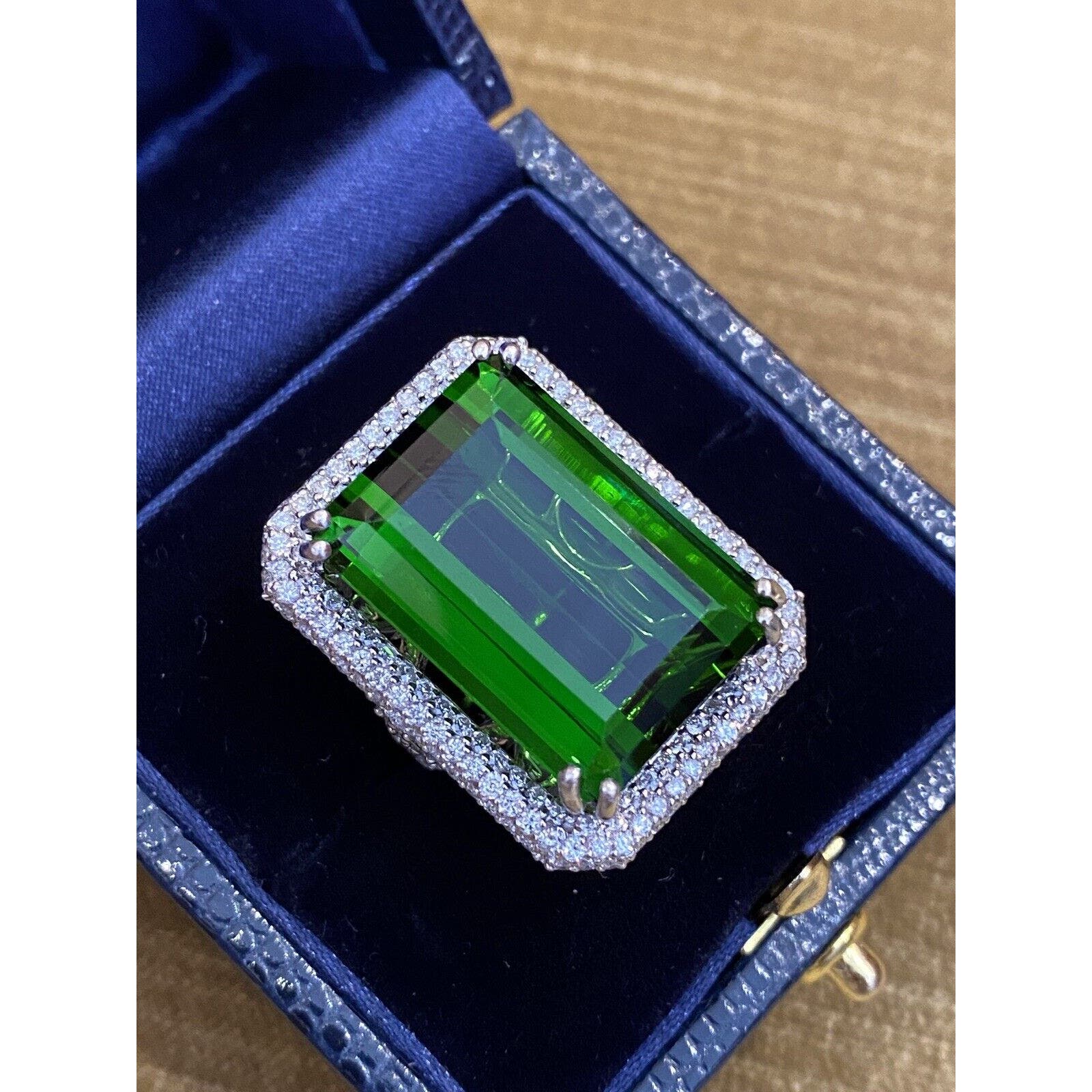 GIA 40.87 ct Green Tourmaline in Pave Diamond Ring 18k White Gold- HM2363VE