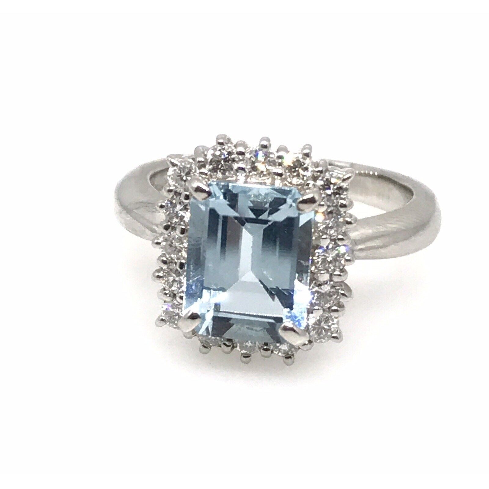 2.08 ct. Emerald Cut Aquamarine & Diamond Halo Ring in Platinum