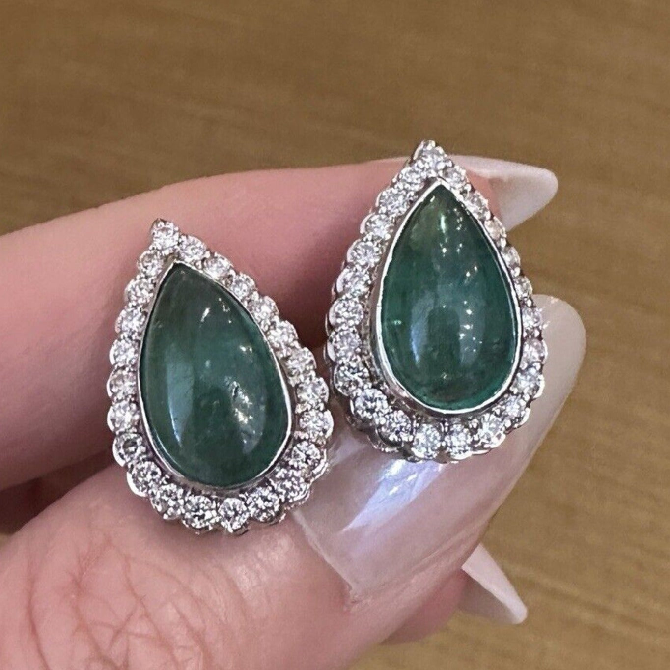Emerald Cabochon Earrings with Diamonds in 18k White Gold