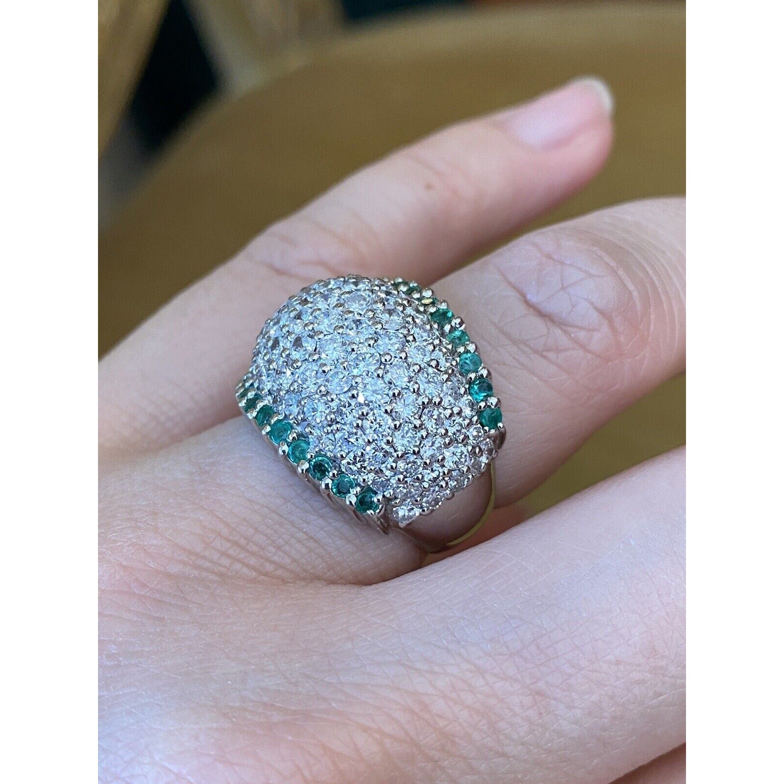 Estate Emerald & Diamond Wide Pave Dome Ring in Platinum